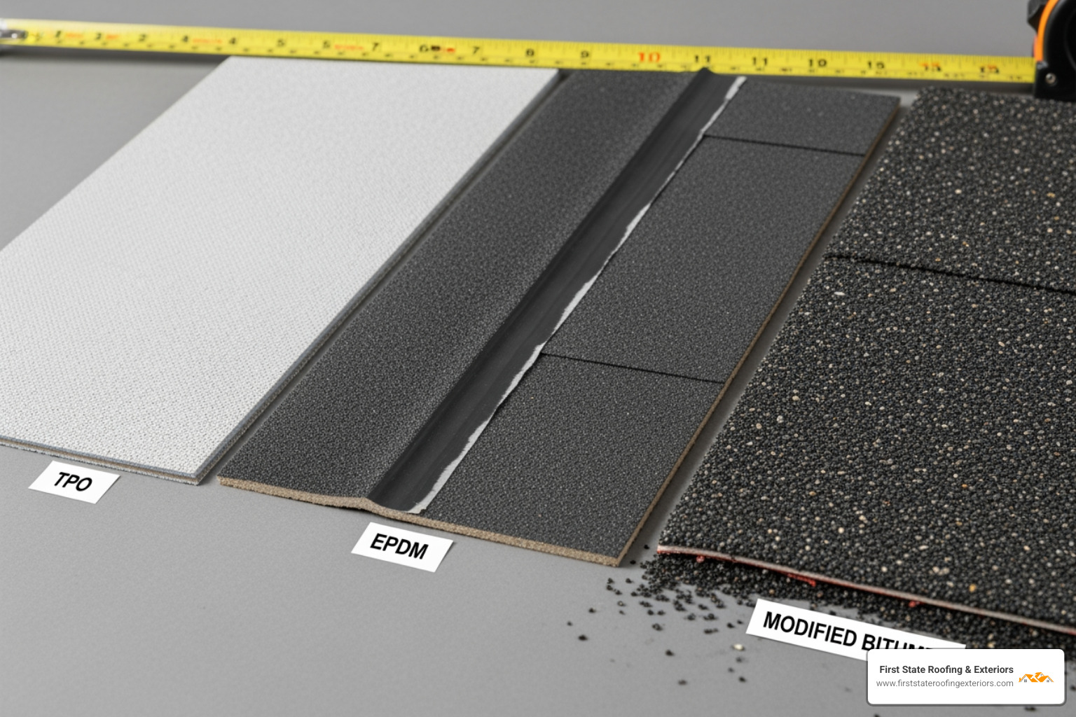 samples of TPO, EPDM, and Modified Bitumen roofing materials - flat roof repairs lewes