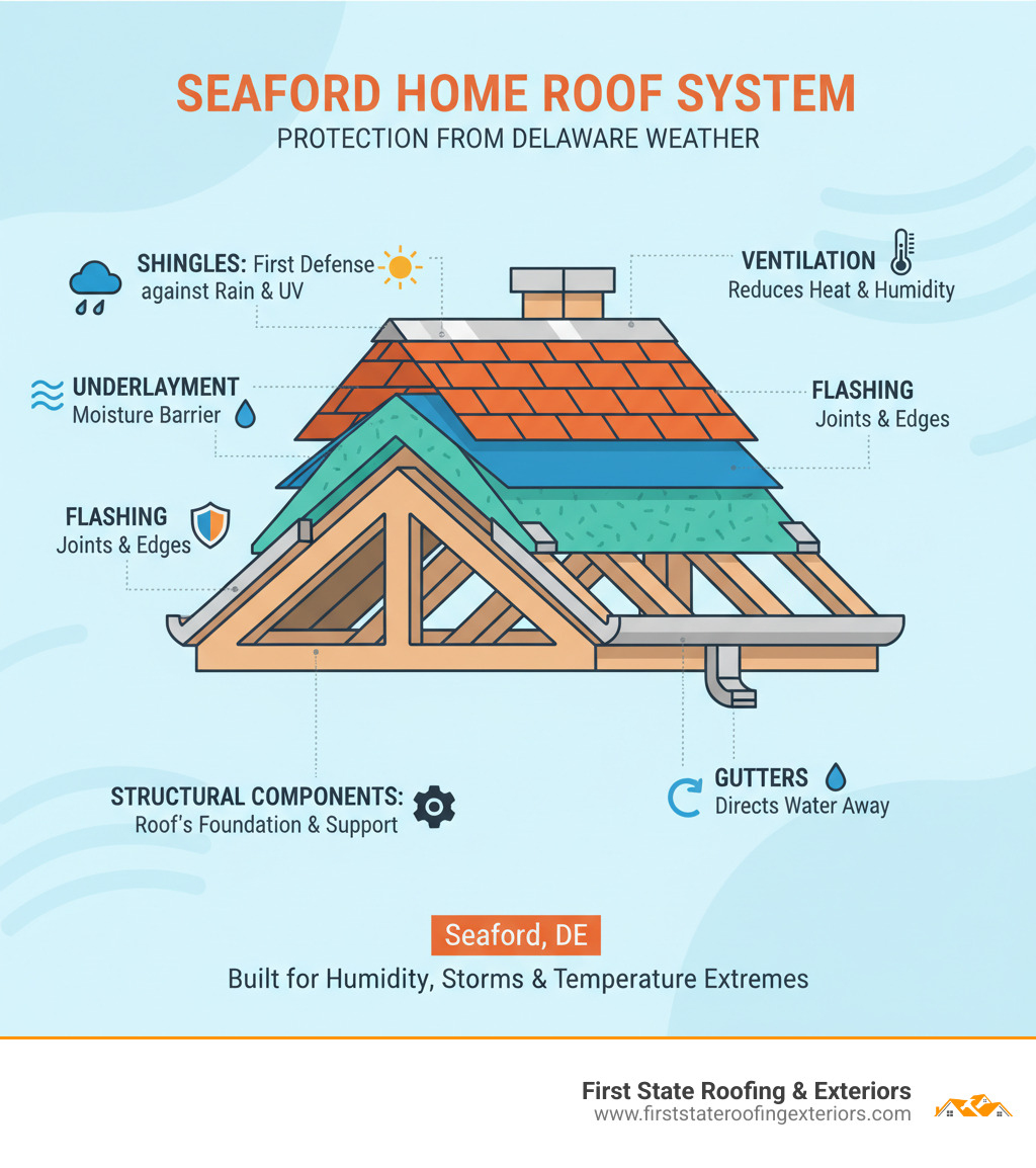 Infographic explaining the key components of a complete residential roofing system, including shingles, underlayment, flashing, ventilation, gutters, and structural components, with labels indicating their role in protecting a Seaford home from humidity, storms, and temperature extremes - residential roofing seaford de infographic 