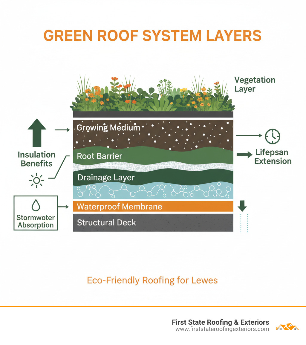 Detailed infographic showing cross-section of green roof system layers: structural deck, waterproof membrane, root barrier, drainage layer, filter fabric, growing medium, and vegetation layer, with annotations for stormwater absorption, insulation benefits, and lifespan extension - green roof lewes infographic 