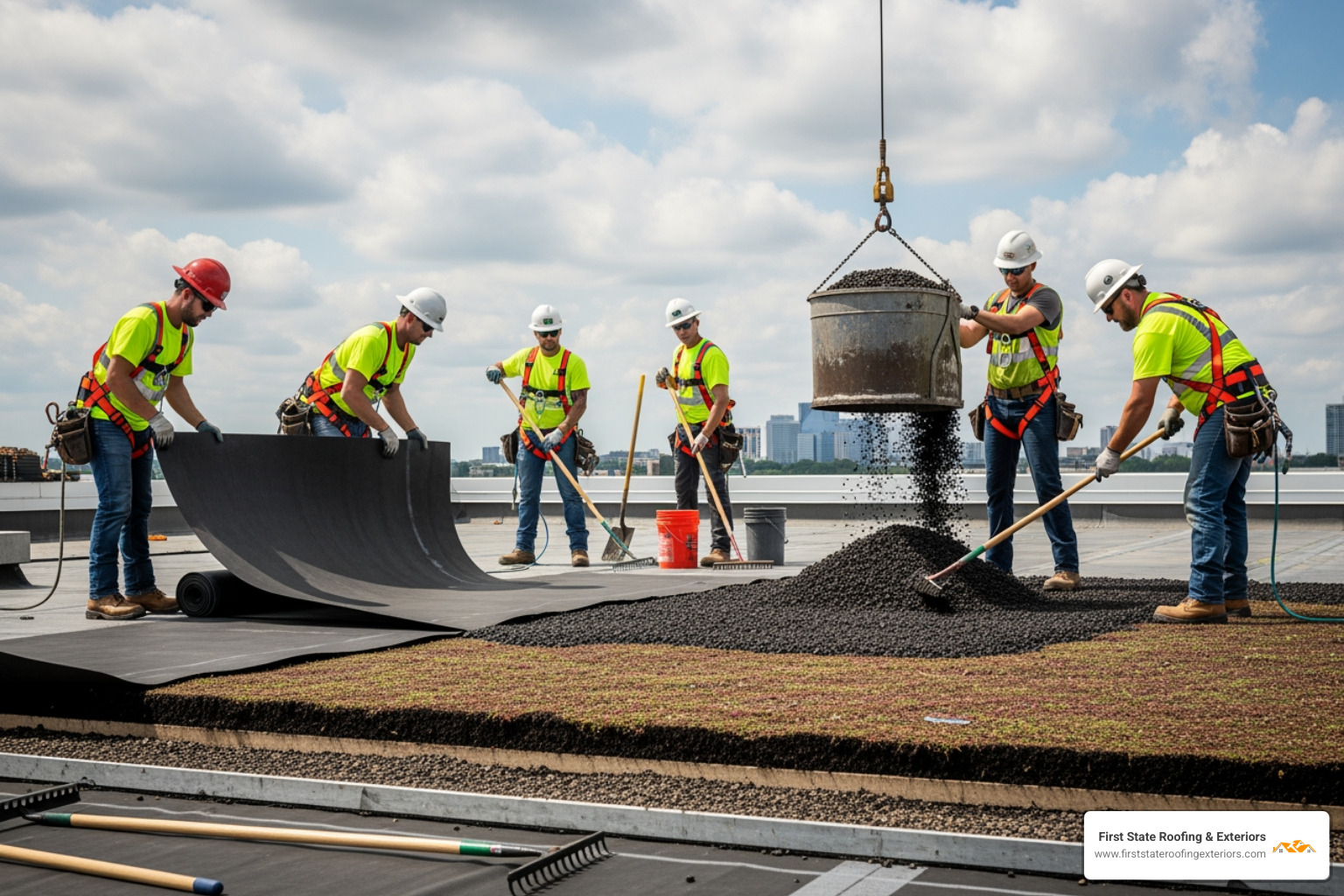 professional team installing the layers of a green roof system, wearing OSHA required safety harnesses - green roof lewes