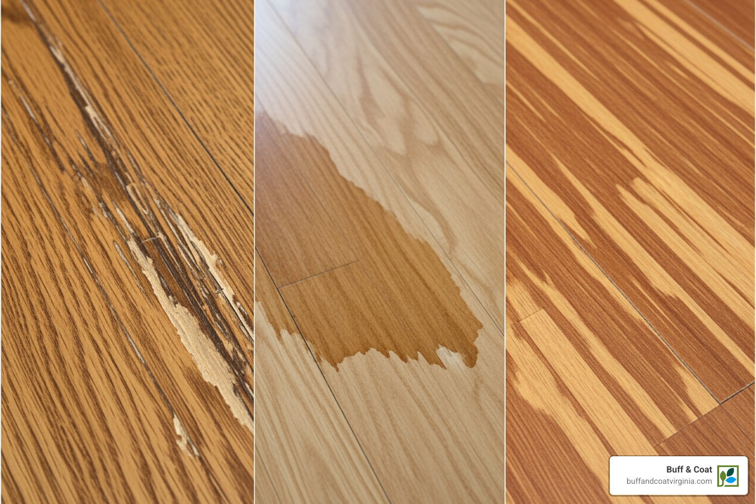 collage showing different types of wood (oak, maple, cherry) and various floor damage (deep scratches, water stains, fading) - floorboard restoration cost collage showing different types of wood (oak, maple, cherry) and various floor damage (deep scratches, water stains, fading) - floorboard restoration cost