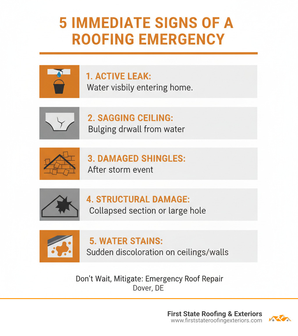 Infographic showing the 5 immediate signs of a roofing emergency: 1) Active leak with water visibly entering the home, 2) Sagging ceiling or bulging drywall indicating water accumulation, 3) Missing or severely damaged shingles after a storm event, 4) Major structural damage such as a collapsed section or large hole, and 5) Sudden appearance of water stains or discoloration on ceilings and walls - emergency roof repair dover de infographic 