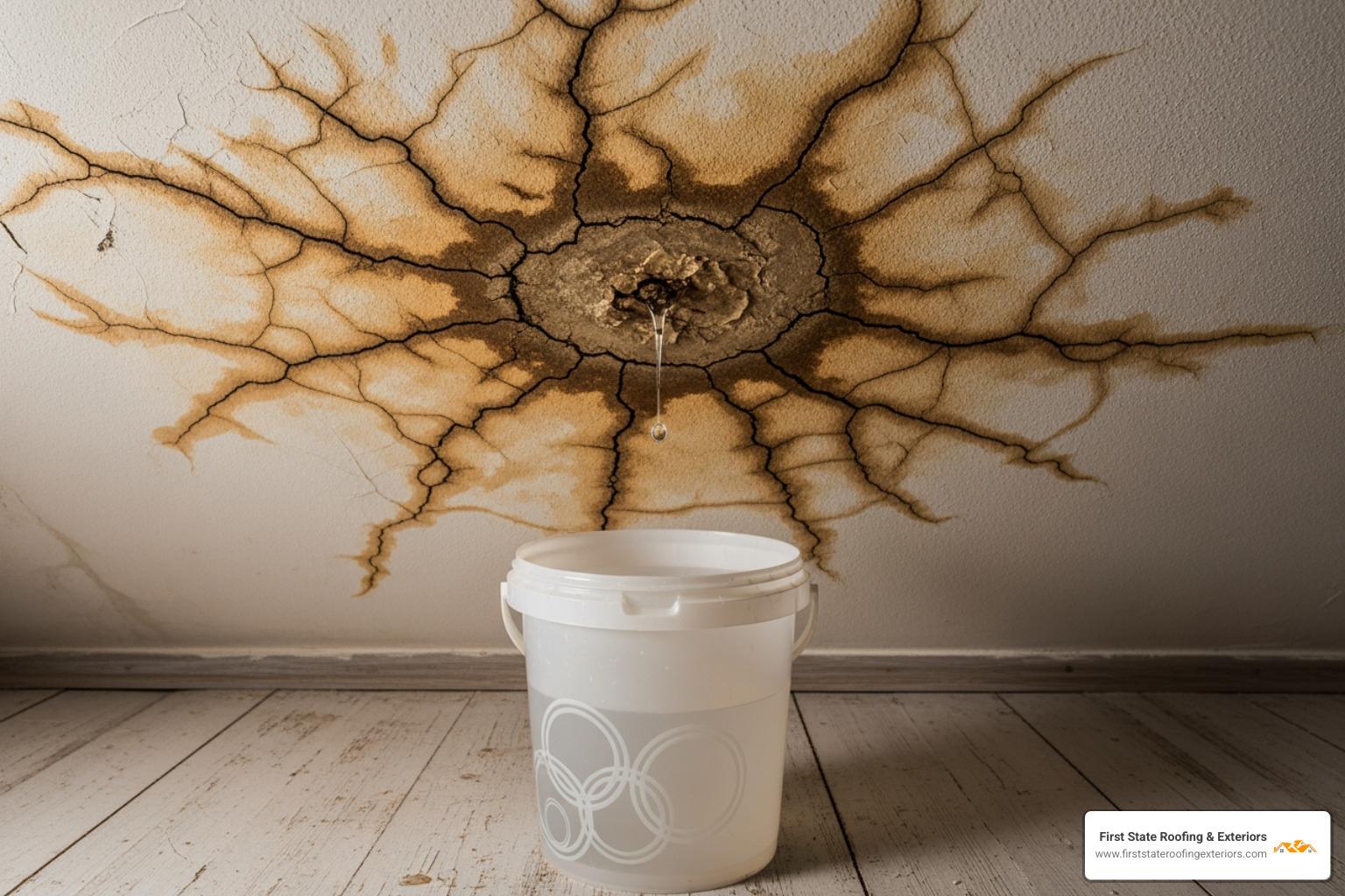 water-stained ceiling with a drip bucket underneath - emergency roof repair dover de