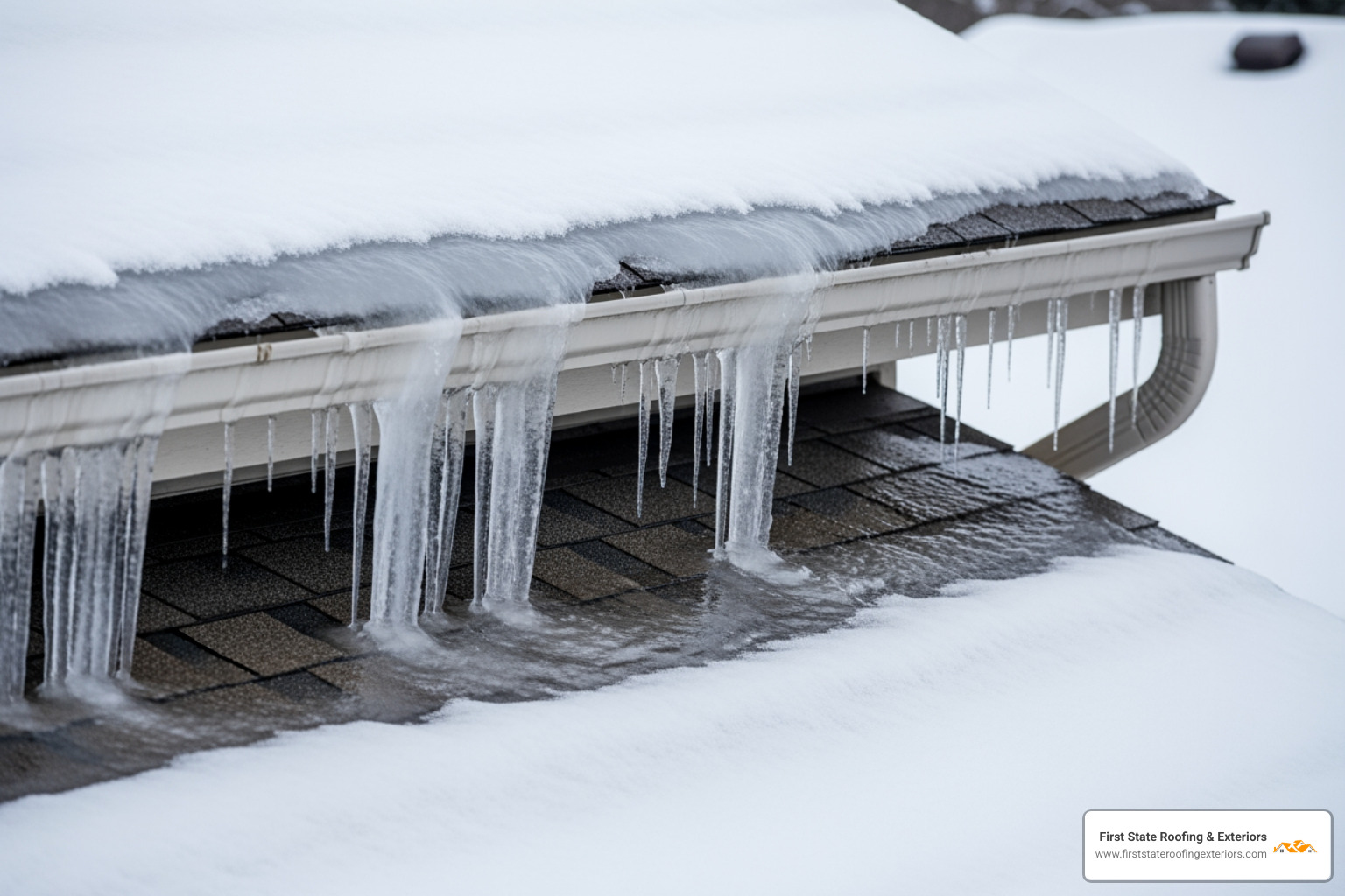 snow-covered roof with ice dams forming at the edge - emergency roof repair dover de