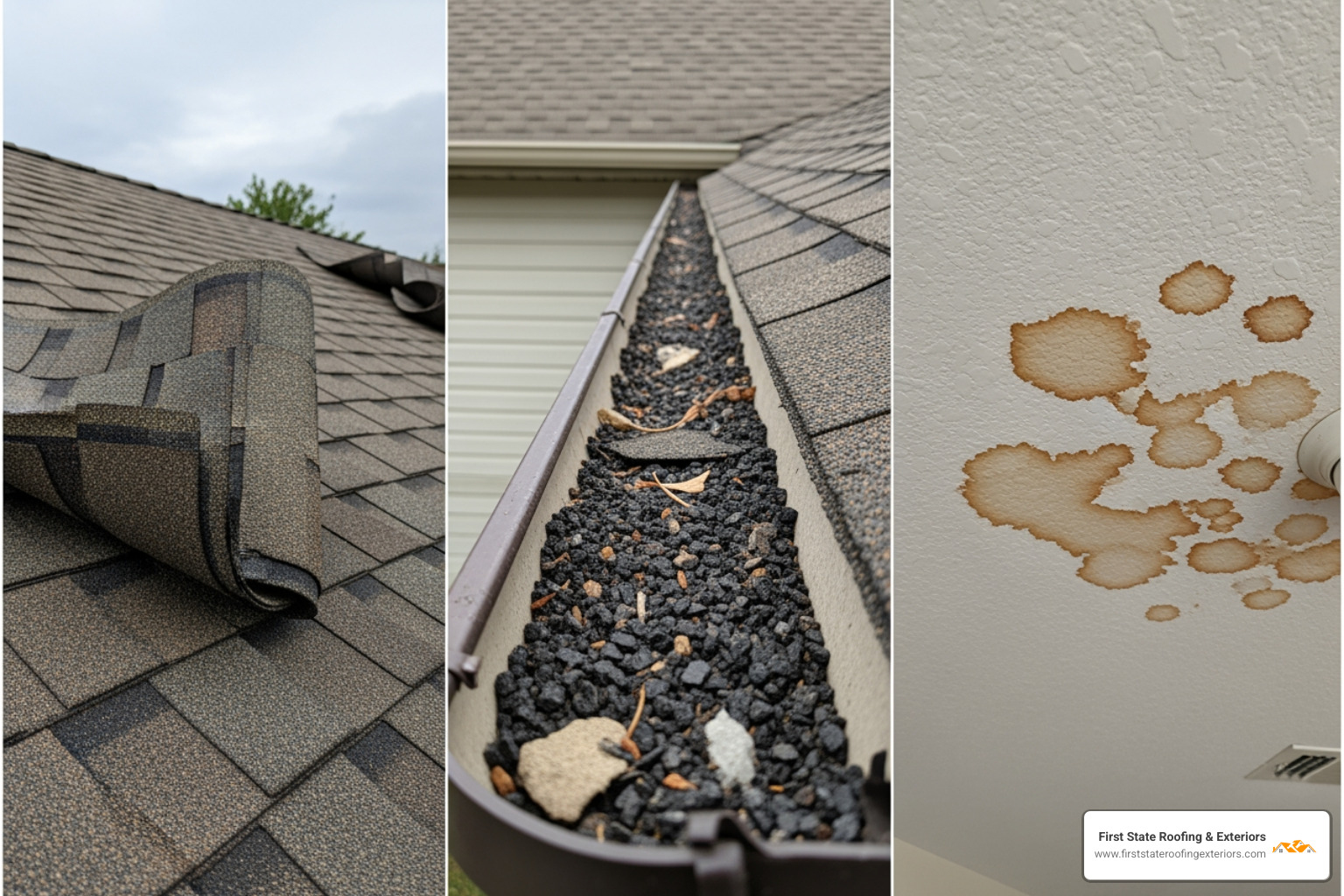 gallery showcasing examples of curling shingles, granule loss in gutters, and water stains on a ceiling - roof replacement milford