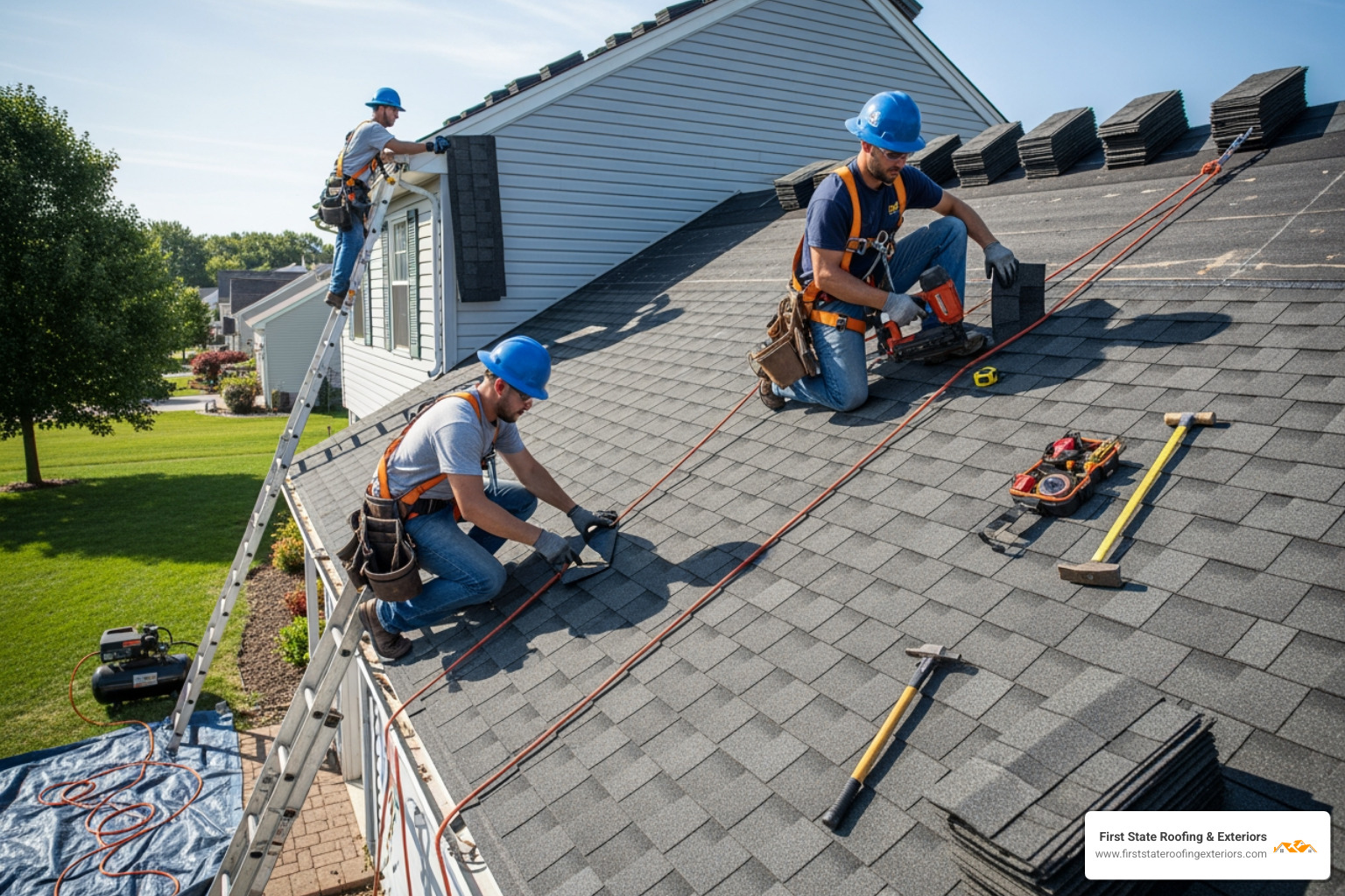 professional roofing crew installing a new roof, showing safety harnesses and organized work - roof replacement milford