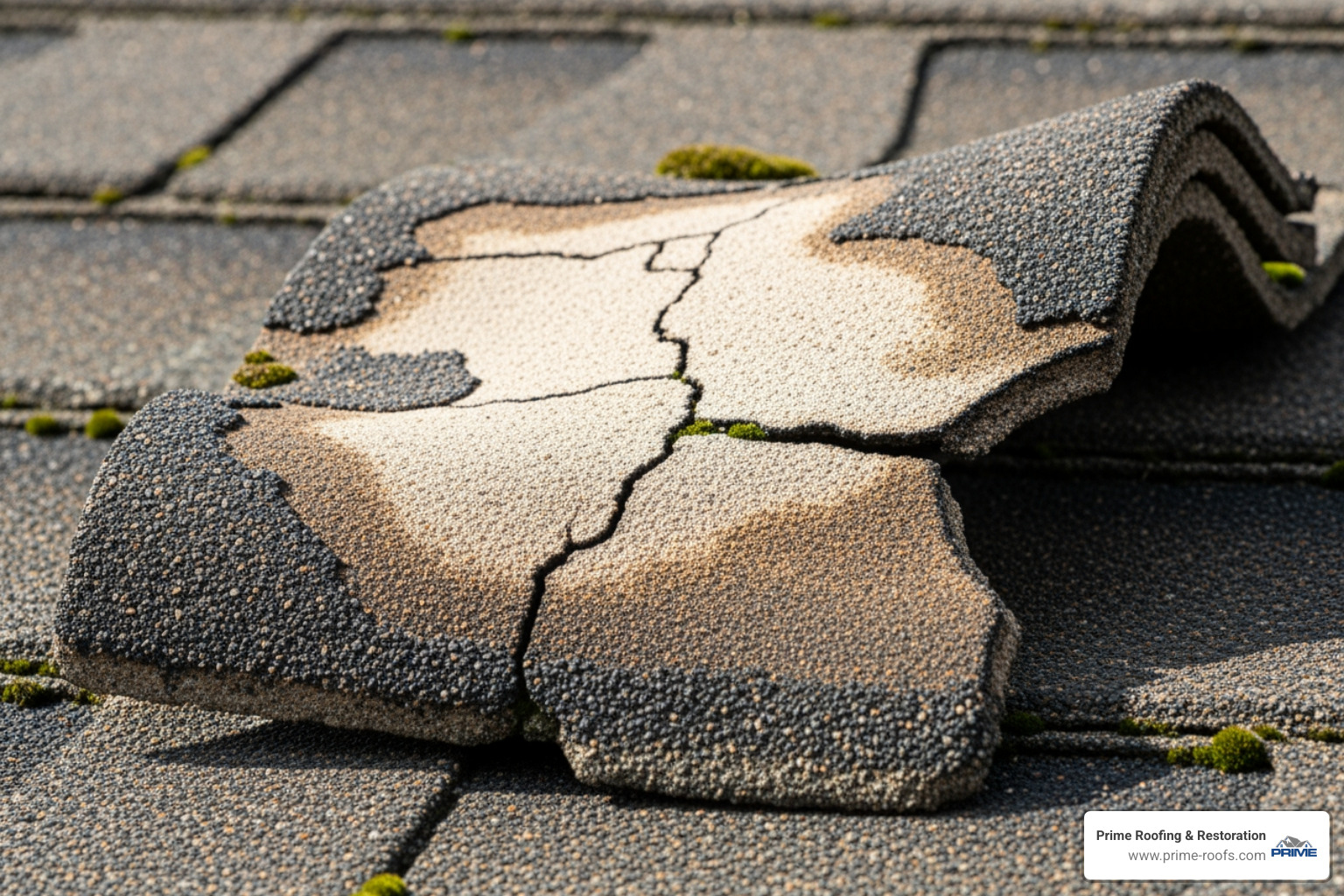 close-up on a damaged shingle showing curling and granule loss - residential roofing company gulf shores al