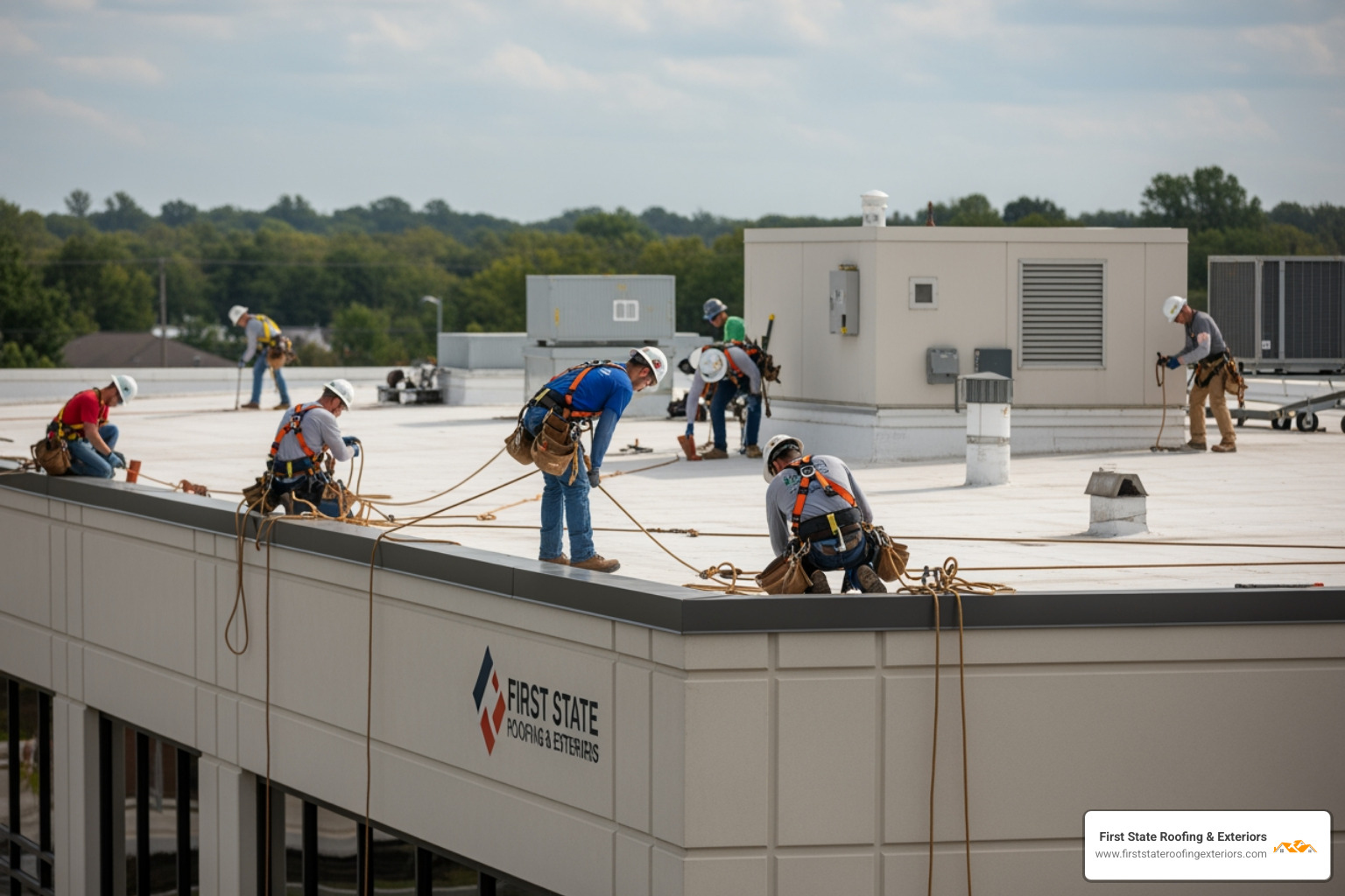 First State Roofing & Exteriors team working safely on a commercial building - commercial roof repair dover de