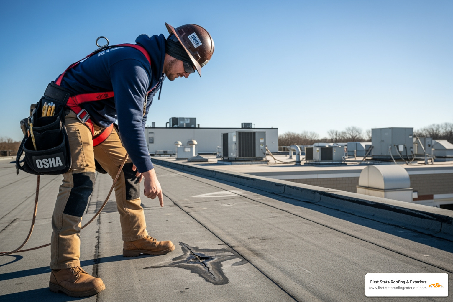 Professional roofer inspecting a commercial flat roof, highlighting a visible issue such as a blister or crack, wearing an OSHA-approved safety harness - commercial roof repair dover de