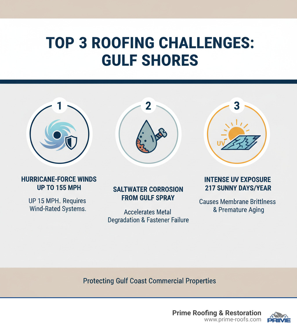infographic showing the top three roofing challenges for Gulf Shores commercial properties: Category 1 - Hurricane force winds up to 155 mph requiring wind-rated systems, Category 2 - Saltwater corrosion from Gulf spray accelerating metal degradation and fastener failure, Category 3 - Intense UV exposure averaging 217 sunny days per year causing membrane brittleness and premature aging - commercial roofing company gulf shores al infographic 