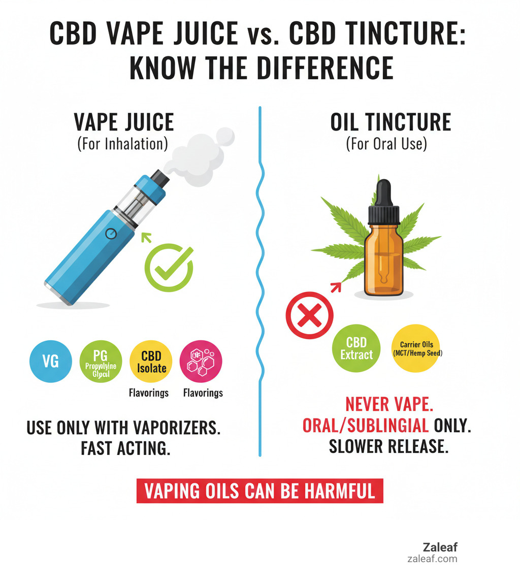 Infographic showing the critical difference between CBD vape juice and CBD oil tinctures: CBD vape juice contains VG, PG, CBD isolate, and flavorings designed for inhalation through a vaporizer, while CBD oil tinctures contain CBD extract suspended in carrier oils like MCT or hemp seed oil, meant only for oral/sublingual use and never for vaping - cbd vape juice infographic 