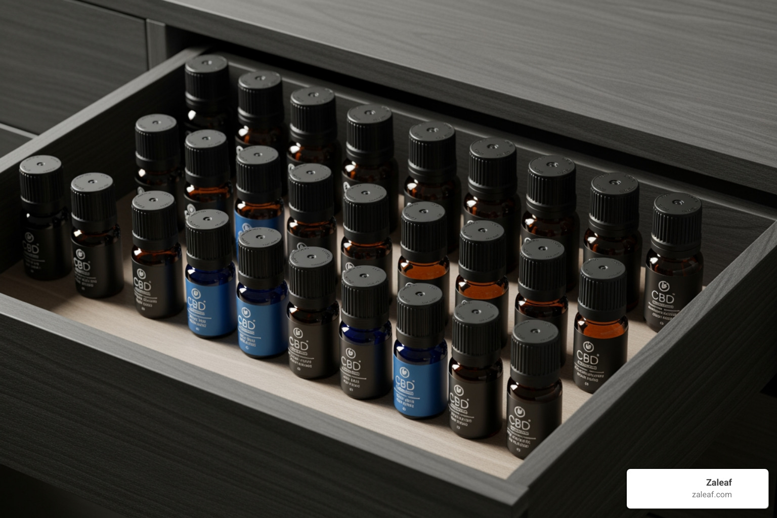 CBD vape juice bottles stored neatly in a cool, dark drawer - cbd vape juice