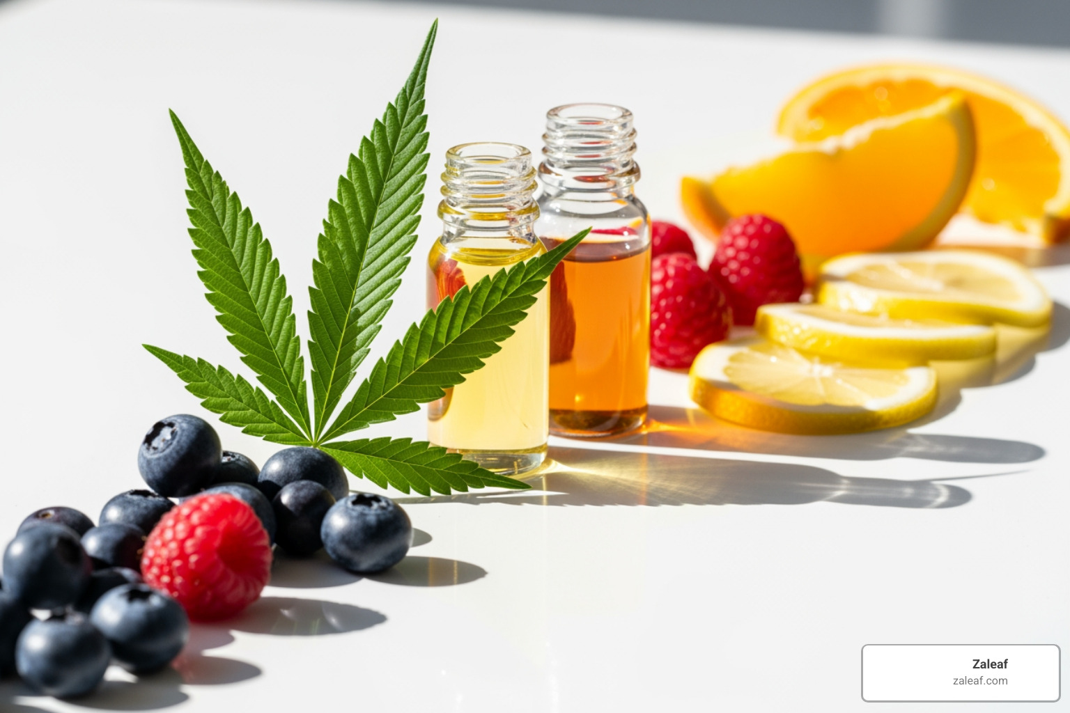 Core ingredients for CBD vape juice: a hemp leaf, a bottle of PG, a bottle of VG, and fruit flavorings. - cbd vape juice
