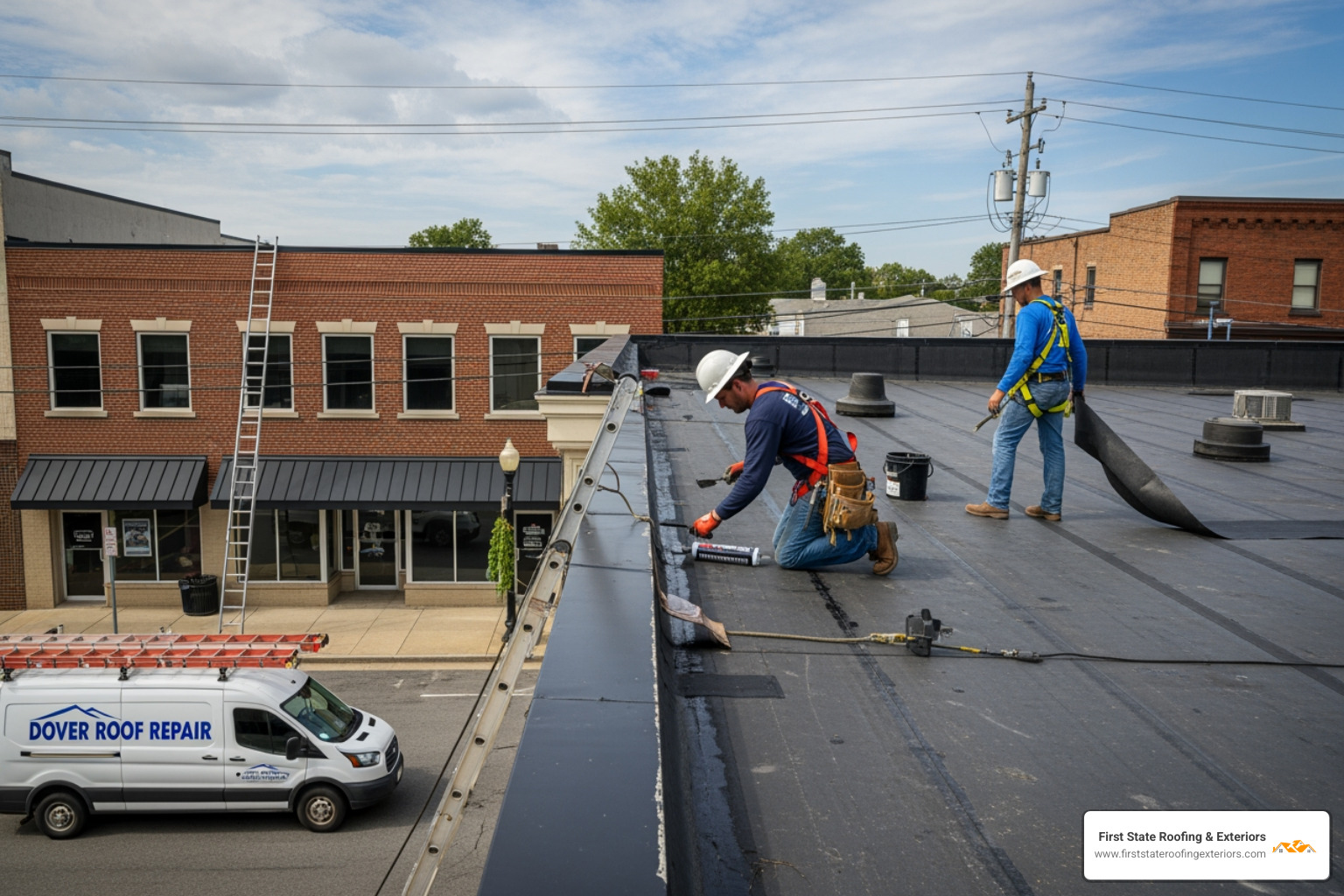 First State Roofing & Exteriors branded truck in front of a completed commercial project in Dover, DE - commercial roof repair dover de