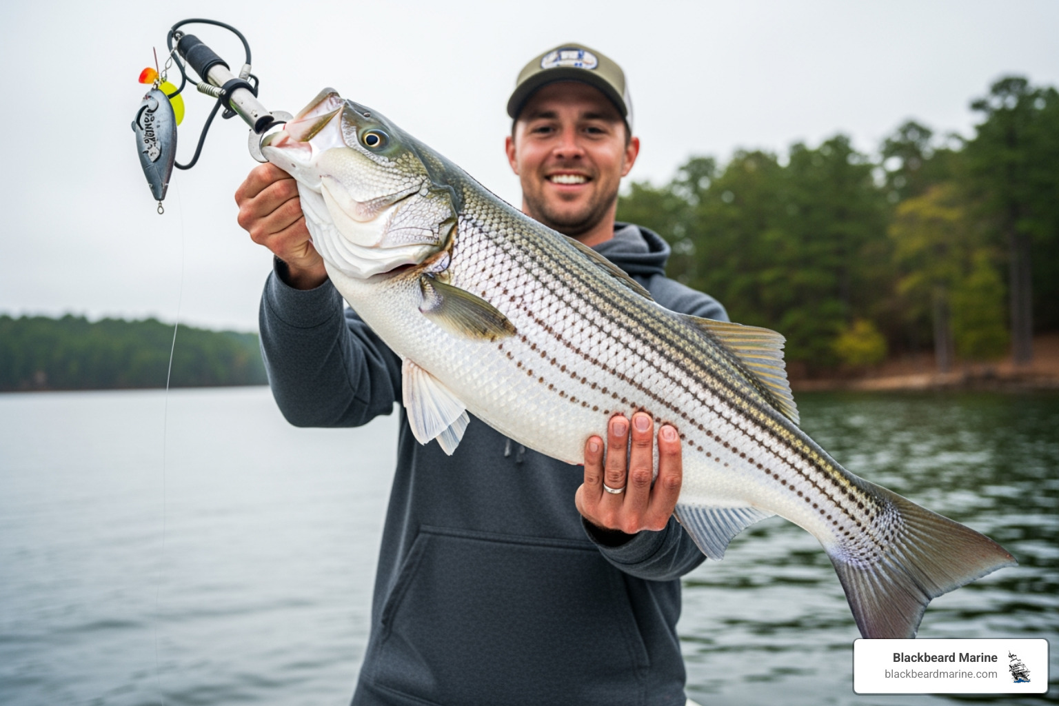 Large striped bass being held by an angler - Fishing Boats Lake Texoma