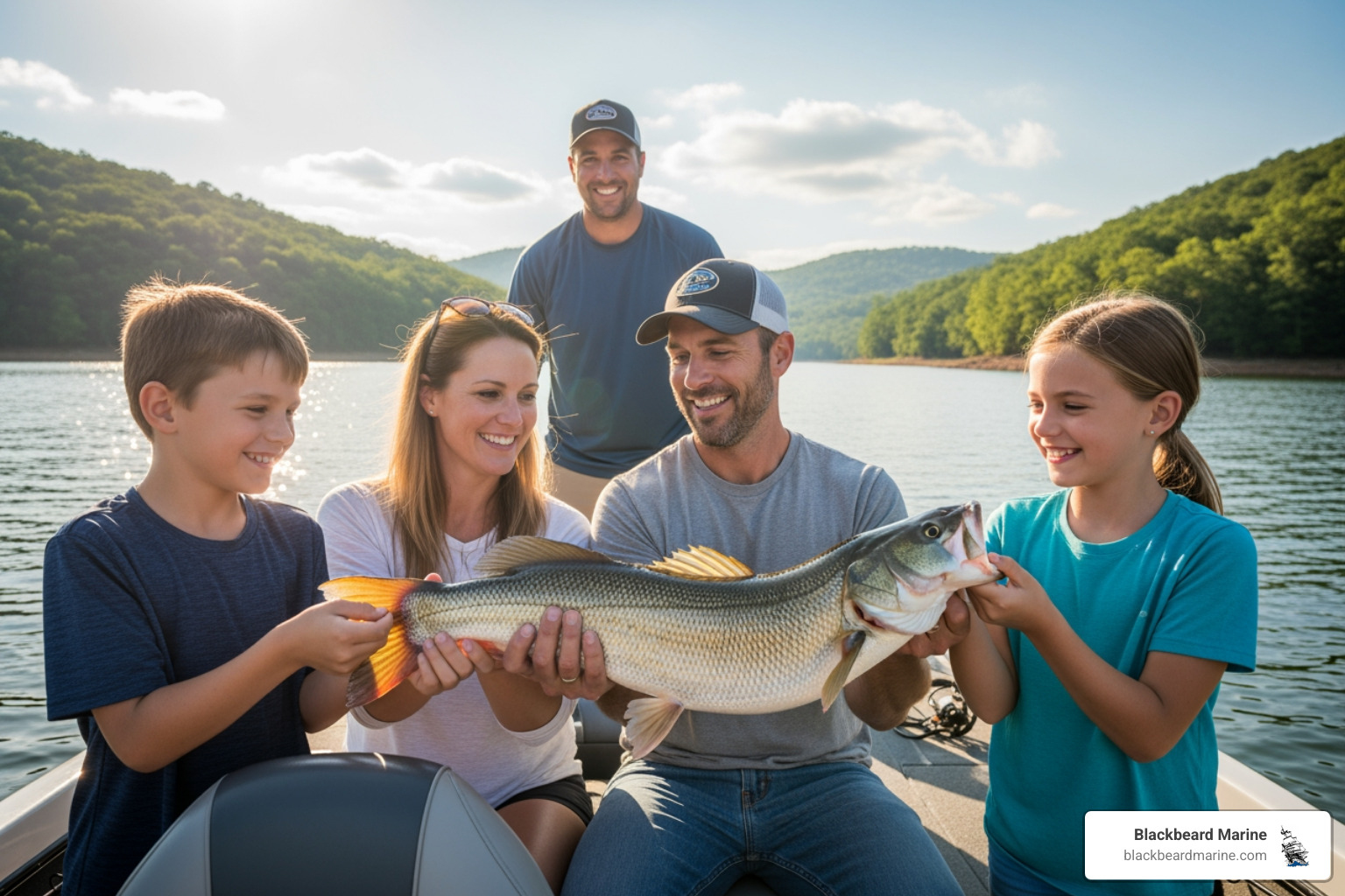 Happy family holding up their catch with a fishing guide - Fishing Boats Lake Texoma