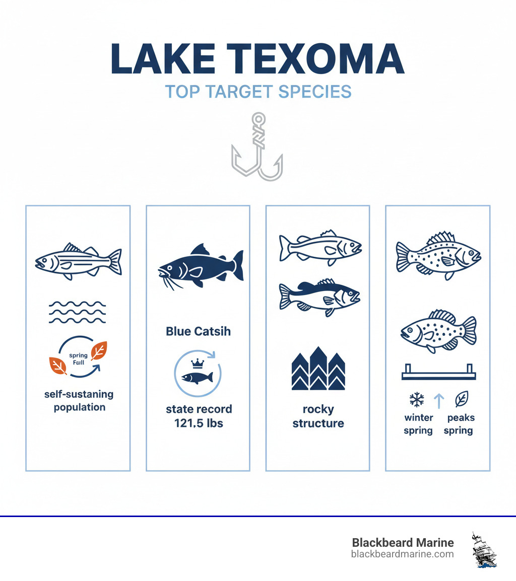 Infographic showing Lake Texoma's Top Target Species: Striped Bass (self-sustaining population, best spring and fall), Blue Catfish (state record 121.5 lbs, year-round), Largemouth and Smallmouth Bass (around rocky structure), and Crappie (brush piles and docks, winter and spring peaks) - Fishing Boats Lake Texoma infographic 