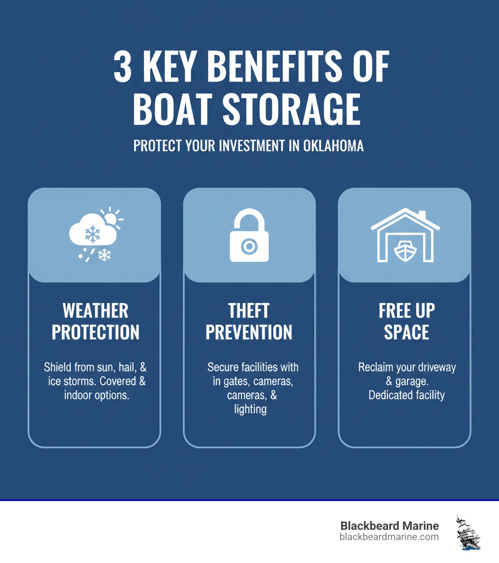 Infographic showing three key benefits of proper boat storage: 1) Weather Protection - shield your boat from Oklahoma's sun, hail, and ice storms with covered or indoor storage, 2) Theft Prevention - secure facilities with gates, cameras, and lighting keep your investment safe, 3) Free Up Space - reclaim your driveway and garage while your boat stays protected in a dedicated facility - Boat Storage Oklahoma infographic 