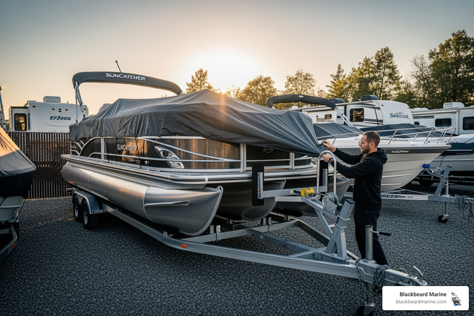 image of a person covering a clean Suncatcher pontoon boat for storage from Blackbeard Marine Inventory - Boat Storage Oklahoma