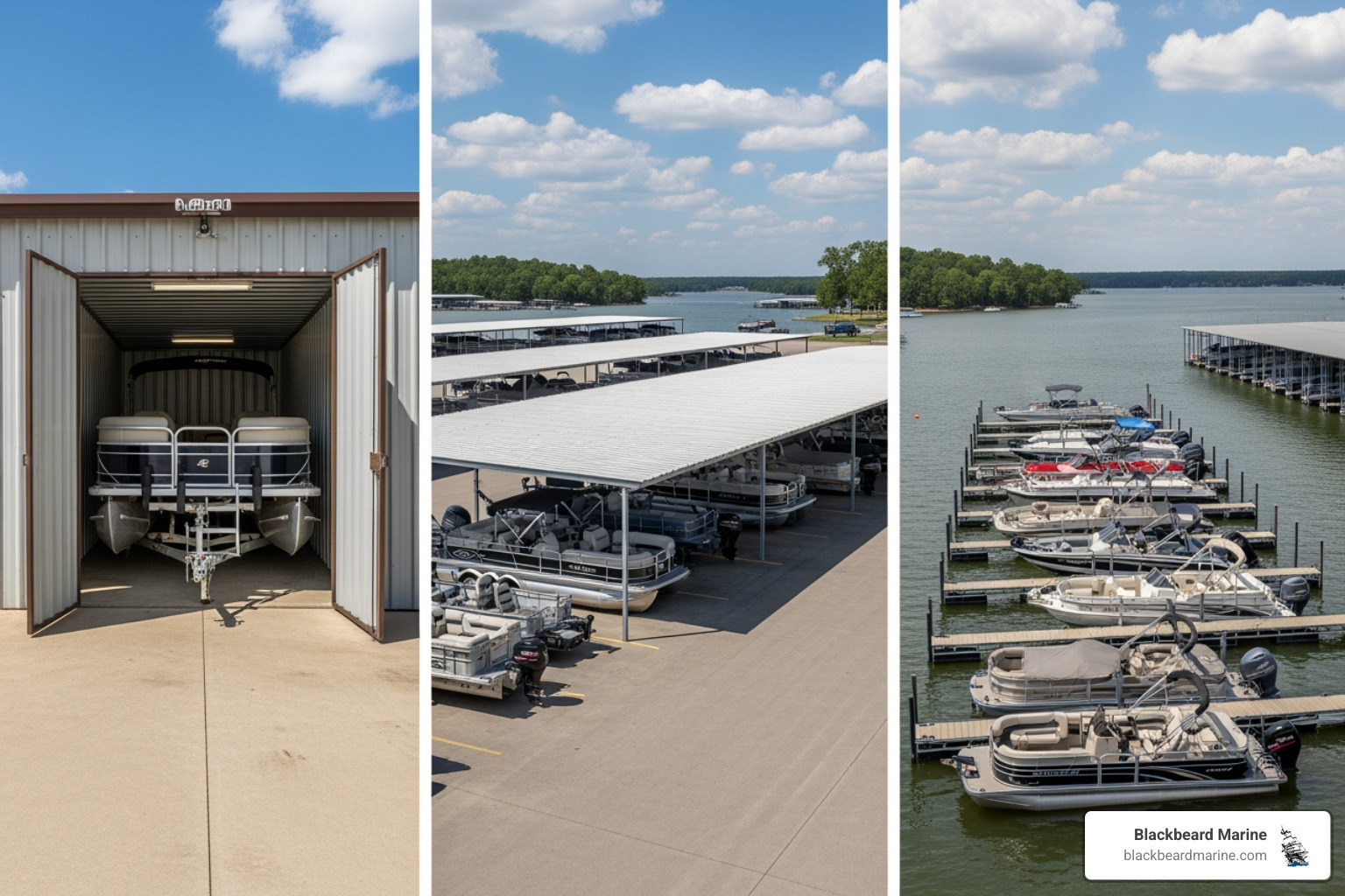 image of various boat storage options: an indoor unit, a covered parking area, and marina slips, featuring Suncatcher and Lowe pontoons or G3, Seaark, Skeeter, and Blazer Bay fishing boats from Blackbeard Marine Inventory - Boat Storage Oklahoma