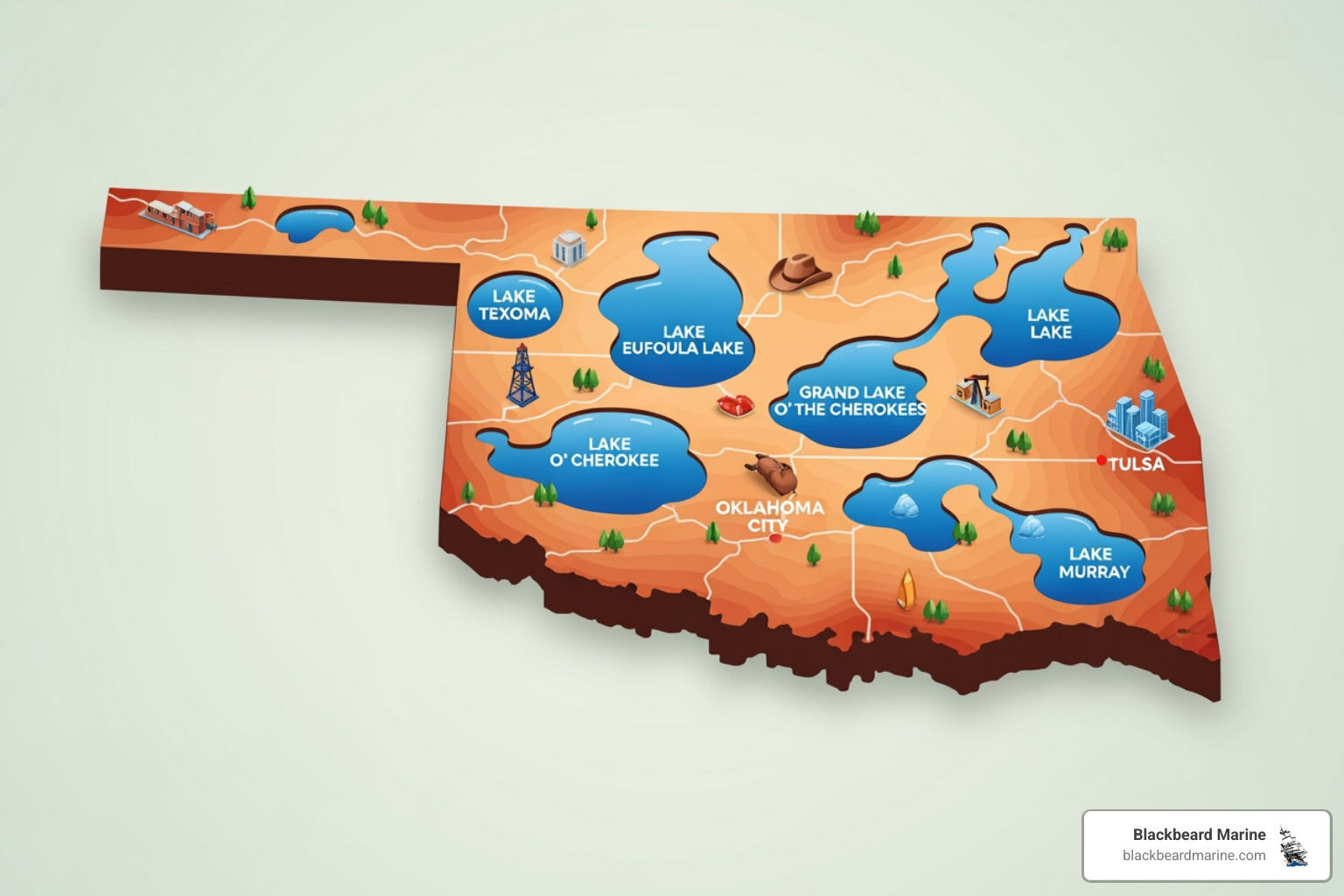 image of a map of Oklahoma highlighting major boating lakes like Texoma, Grand Lake, and Eufaula - Boat Storage Oklahoma