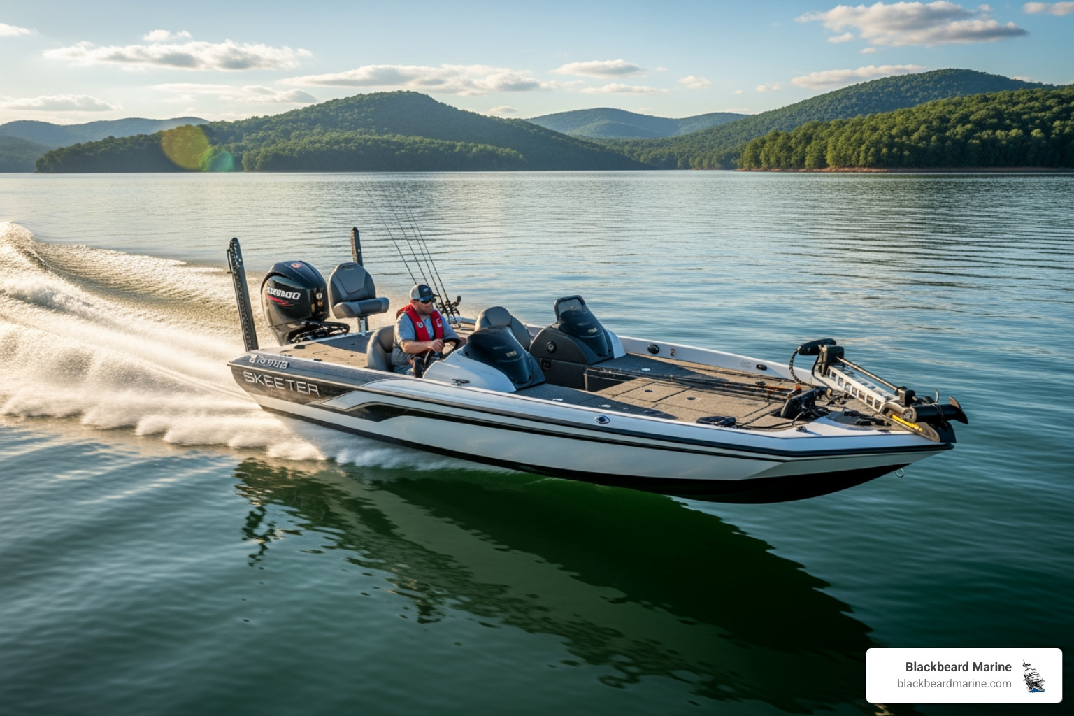 Skeeter fishing boat cruising on Table Rock Lake with a scenic backdrop - used boats Table Rock Lake