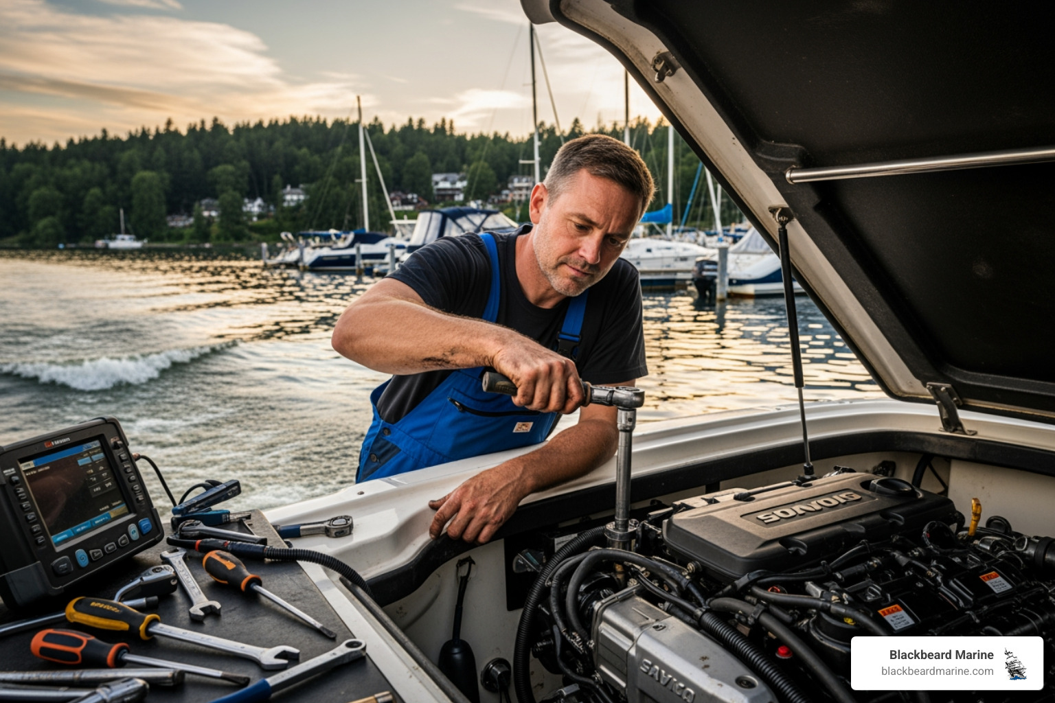 Mechanic inspecting a boat engine at a marina - used boats Table Rock Lake