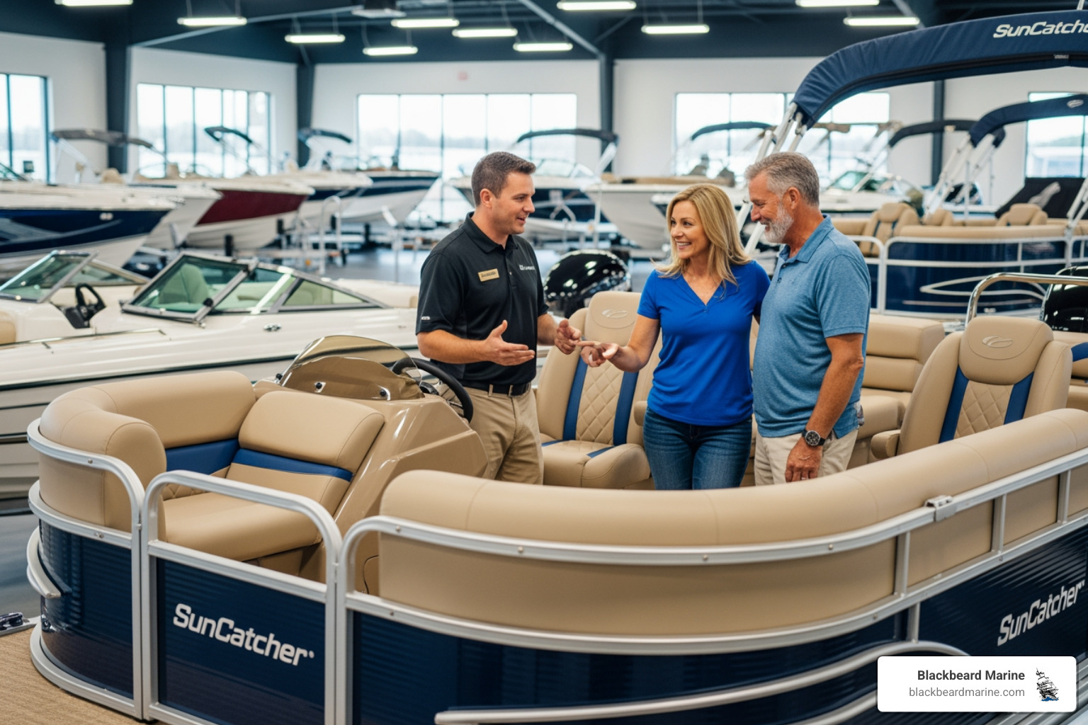 A couple talking with a salesperson in a boat showroom at Blackbeard Marine - Boat sales Lake Texoma