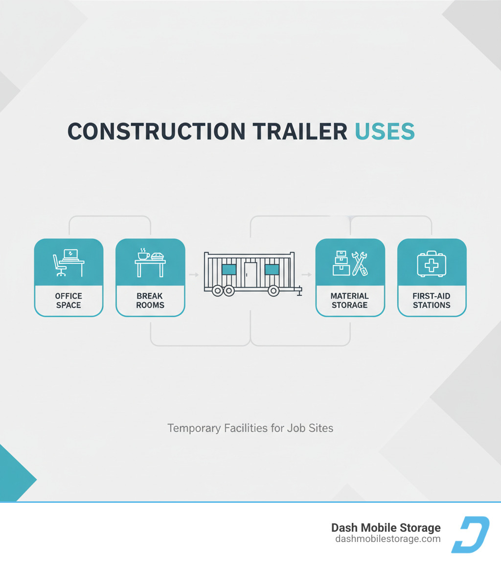 Infographic explaining the primary uses of construction trailers: office space, break rooms, material storage, and first-aid stations - construction trailer infographic Infographic explaining the primary uses of construction trailers: office space, break rooms, material storage, and first-aid stations - construction trailer infographic