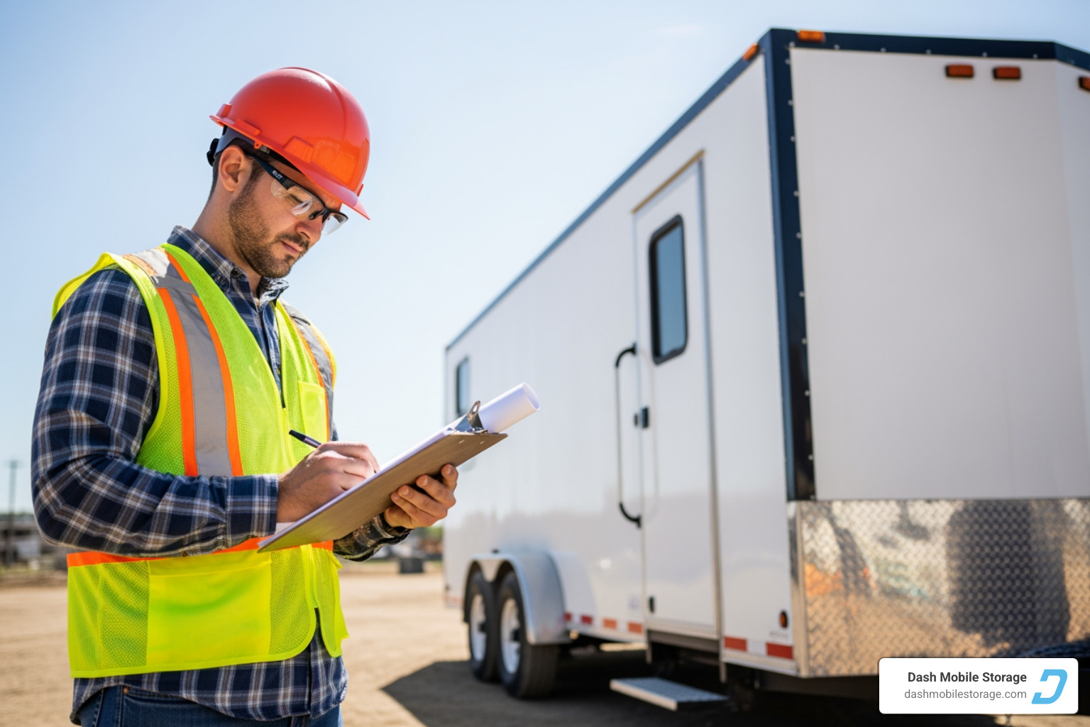 contractor reviewing blueprints next to a construction trailer - construction trailer contractor reviewing blueprints next to a construction trailer - construction trailer