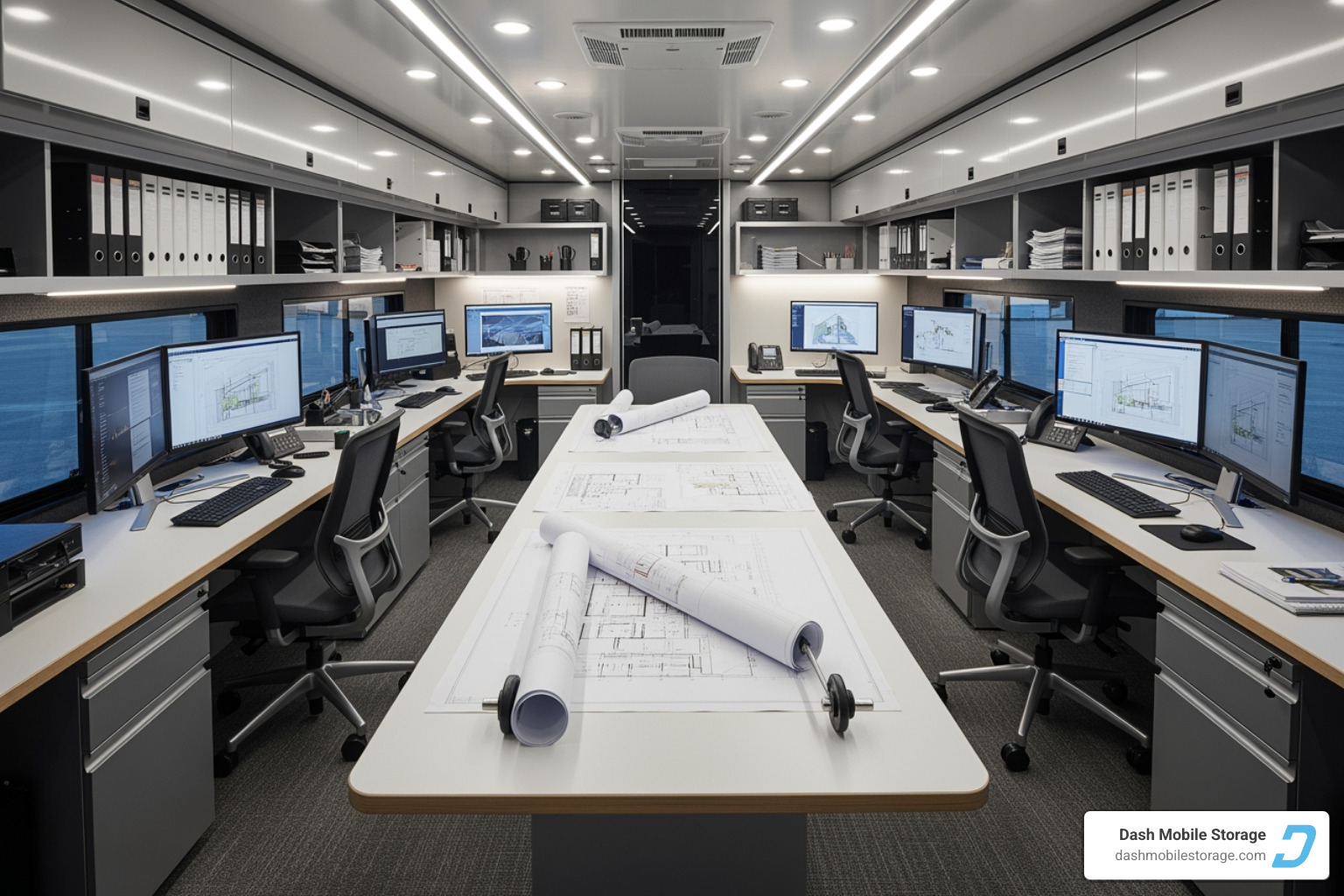 interior of a well-equipped mobile office trailer with desks and plans - construction trailer interior of a well-equipped mobile office trailer with desks and plans - construction trailer