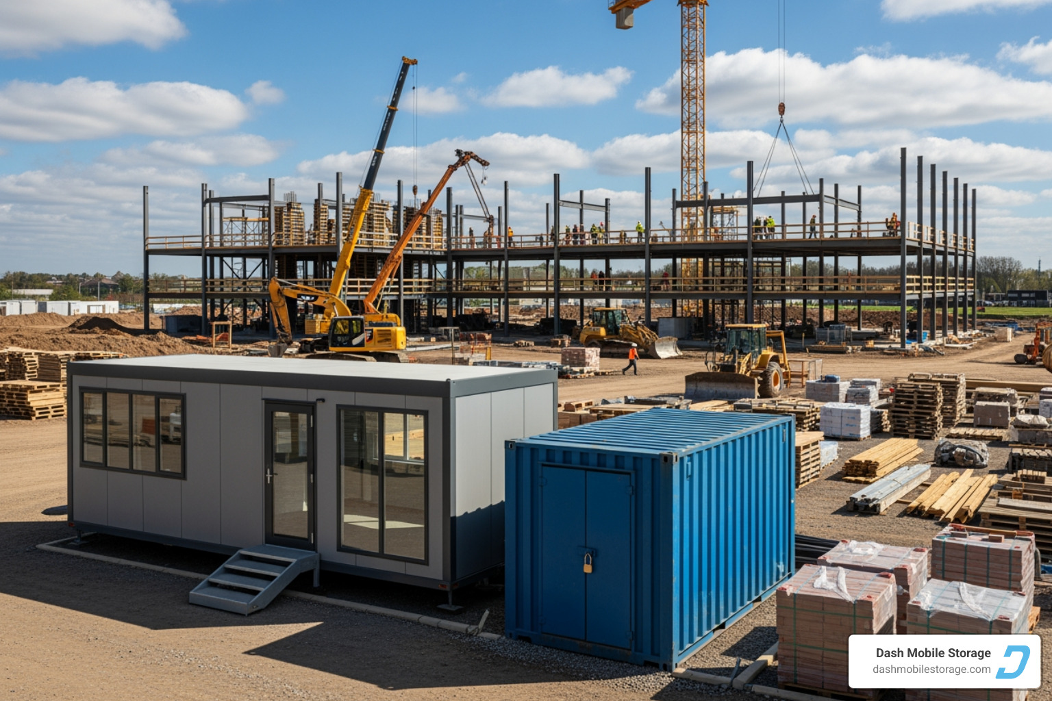 organized job site with a clearly placed office trailer and storage container - construction trailer organized job site with a clearly placed office trailer and storage container - construction trailer