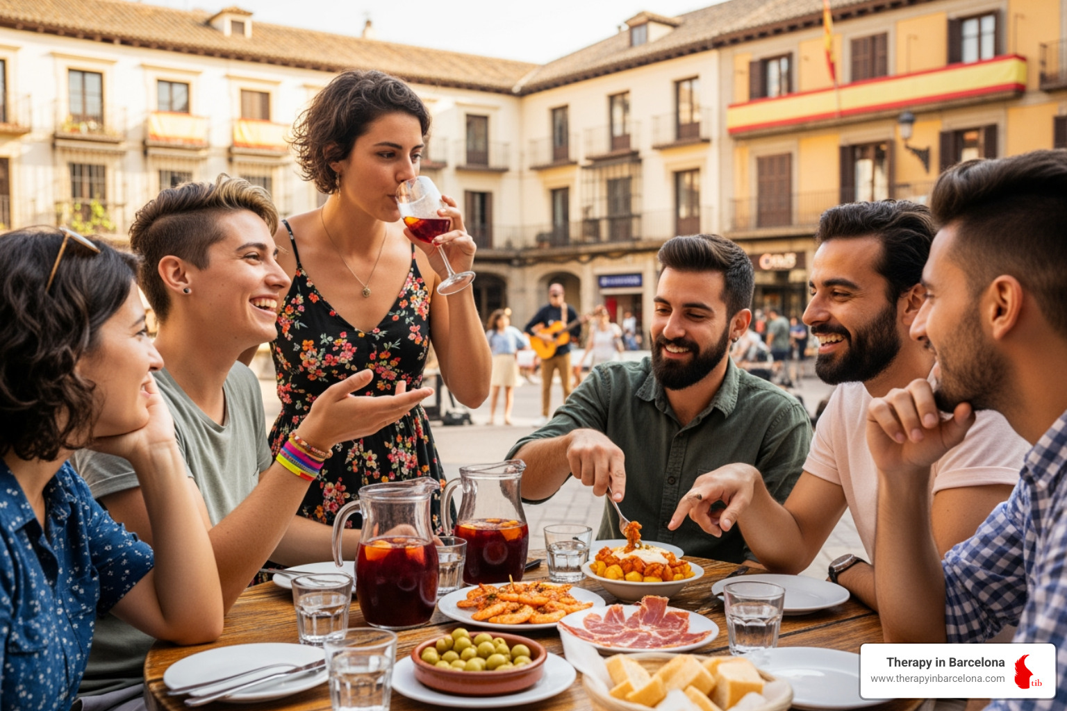 A diverse group of friends enjoying tapas and conversation in a Spanish plaza - emigrating to spain from ireland