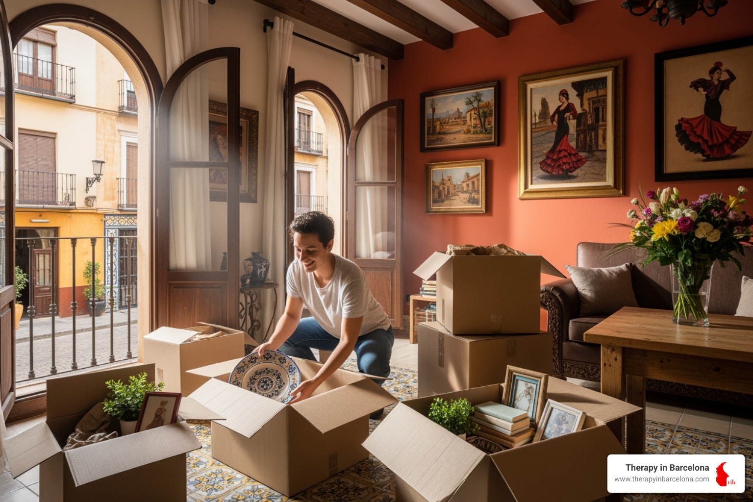 A person happily unpacking boxes in a bright, Spanish-style apartment - emigrating to spain from ireland