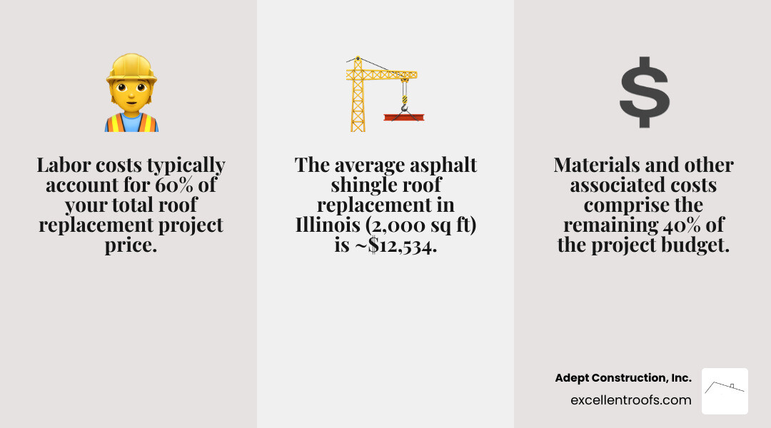 Infographic showing the average percentage breakdown of a roof replacement project. It clearly illustrates that Labor accounts for approximately 60% of the total cost, while Materials and Other costs make up the remaining 40%. - residential roofing estimate infographic 3_facts_emoji_grey
