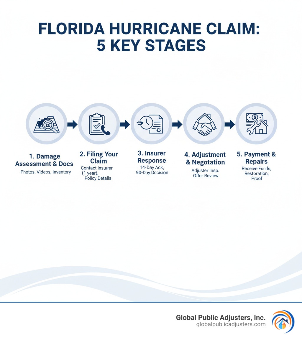 Infographic showing the 5 key stages of a Florida hurricane claim: 1) Damage Assessment and Documentation (photos, videos, inventory), 2) Filing Your Claim (contact insurer within 1 year, provide policy details), 3) Insurer Response (14-day acknowledgment, 90-day decision), 4) Adjustment and Negotiation (adjuster inspection, settlement offer review), and 5) Payment and Repairs (receive funds, complete restoration, submit proof of completion) - florida hurricane claims infographic 
