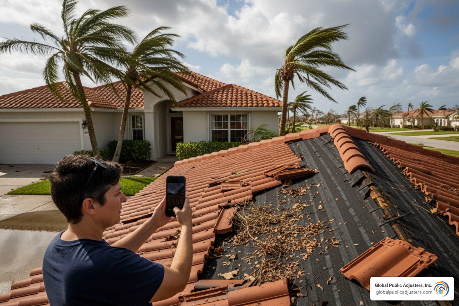 homeowner taking photos of roof damage - florida hurricane claims