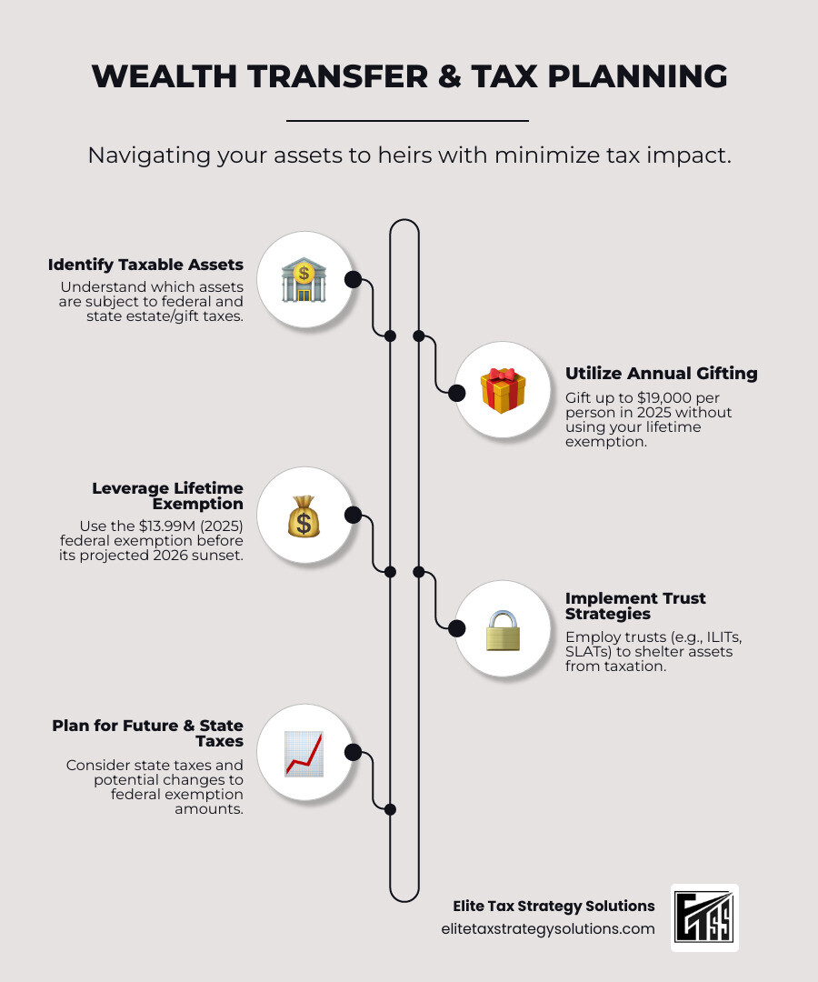 Infographic showing the flow of wealth transfer: Assets flow from your estate through potential tax points (federal estate tax at 40%, state estate taxes, and gift taxes during lifetime) to your heirs. The chart highlights three key intervention points: lifetime gifting using annual exclusion ($19,000 per person), utilizing lifetime exemption ($13.99M in 2025, dropping to ~$7M in 2026), and trust strategies to shelter assets from taxation. - estate and gift tax planning infographic infographic-line-5-steps-elegant_beige Infographic showing the flow of wealth transfer: Assets flow from your estate through potential tax points (federal estate tax at 40%, state estate taxes, and gift taxes during lifetime) to your heirs. The chart highlights three key intervention points: lifetime gifting using annual exclusion ($19,000 per person), utilizing lifetime exemption ($13.99M in 2025, dropping to ~$7M in 2026), and trust strategies to shelter assets from taxation. - estate and gift tax planning infographic infographic-line-5-steps-elegant_beige