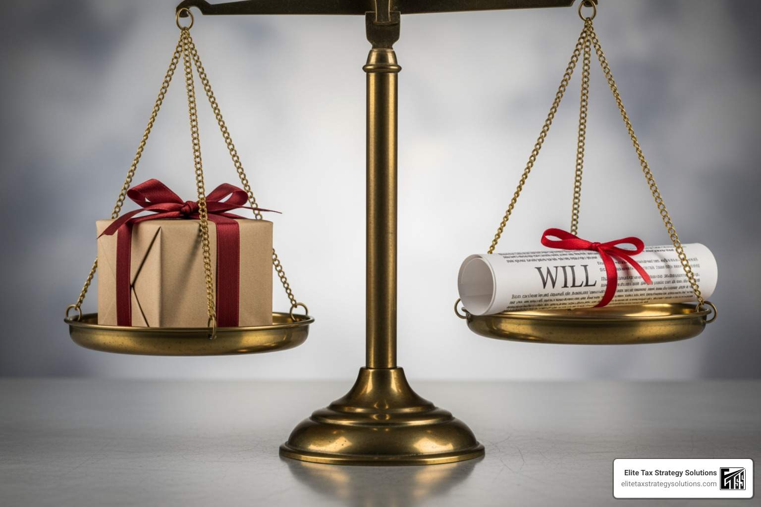scale balancing a gift box (lifetime gift) and a will (inheritance) - estate and gift tax planning scale balancing a gift box (lifetime gift) and a will (inheritance) - estate and gift tax planning