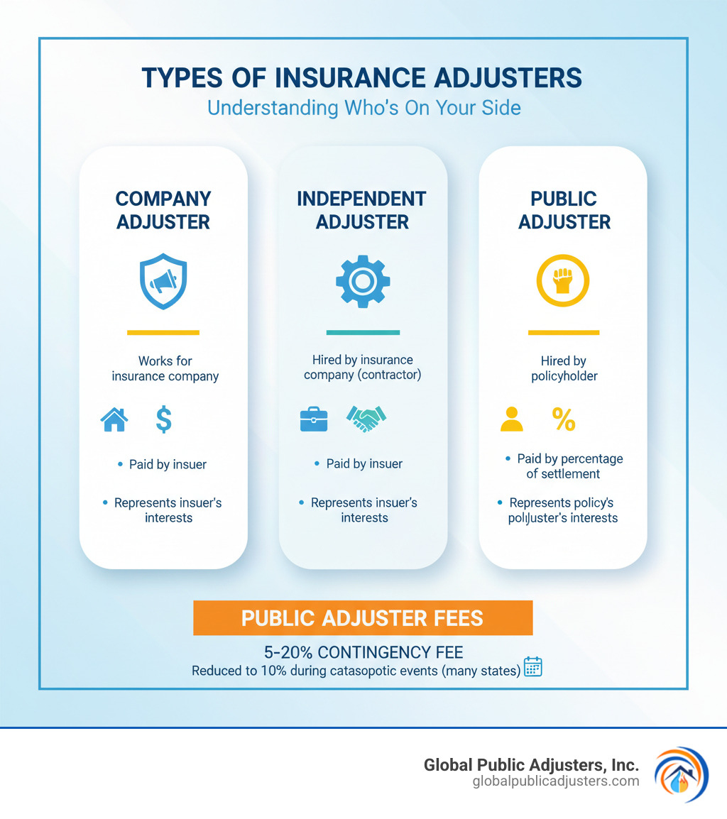 Infographic showing three types of insurance adjusters: Company Adjuster (works for insurance company, paid by insurer, represents insurer's interests), Independent Adjuster (hired by insurance company as contractor, paid by insurer, represents insurer's interests), and Public Adjuster (hired by policyholder, paid by percentage of settlement, represents policyholder's interests). Includes typical fee ranges: Public adjusters 5-20% contingency fee, reduced to 10% during catastrophic events in many states. - Public adjuster fees infographic 