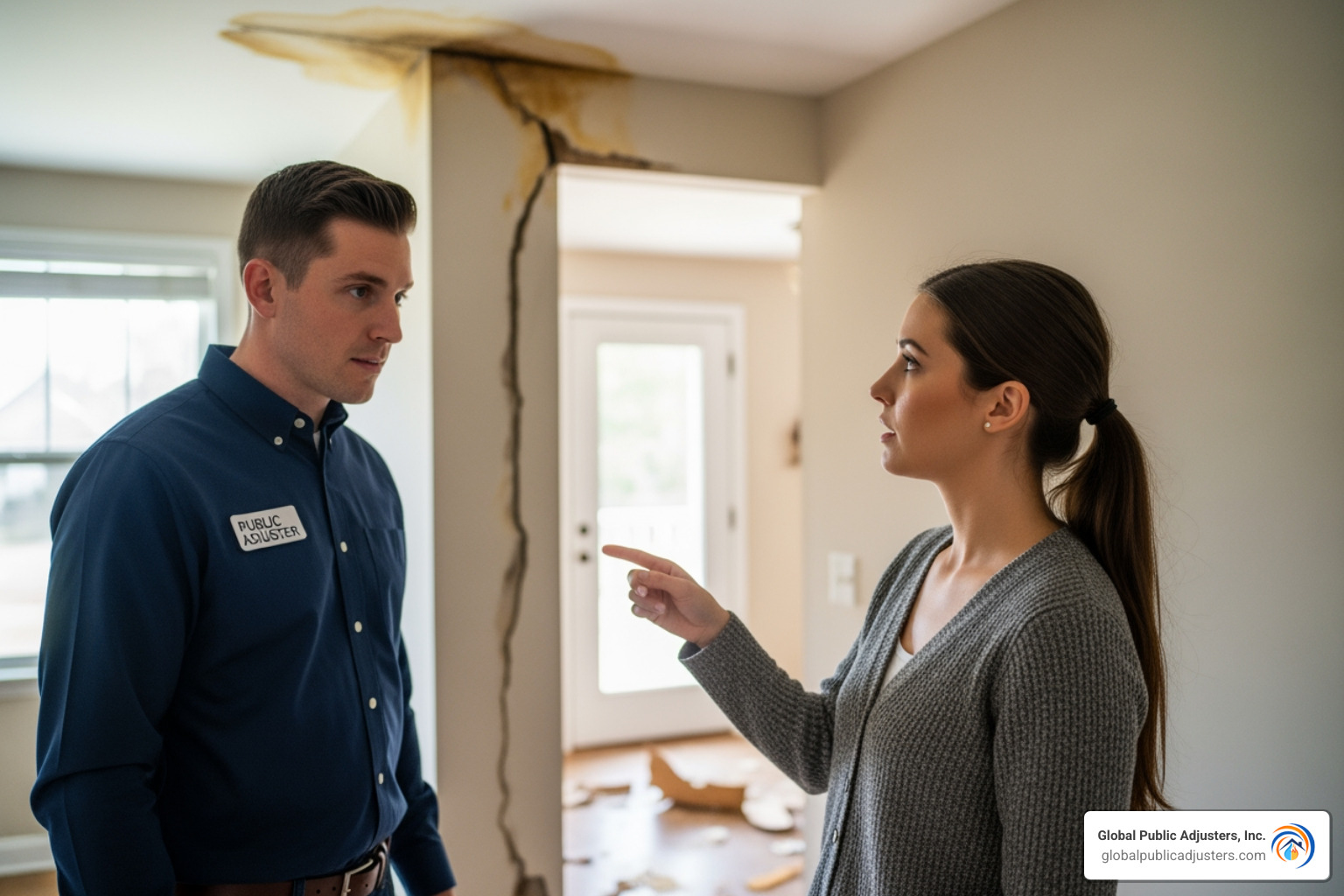 Public adjuster inspecting property damage with a homeowner - Public adjuster fees