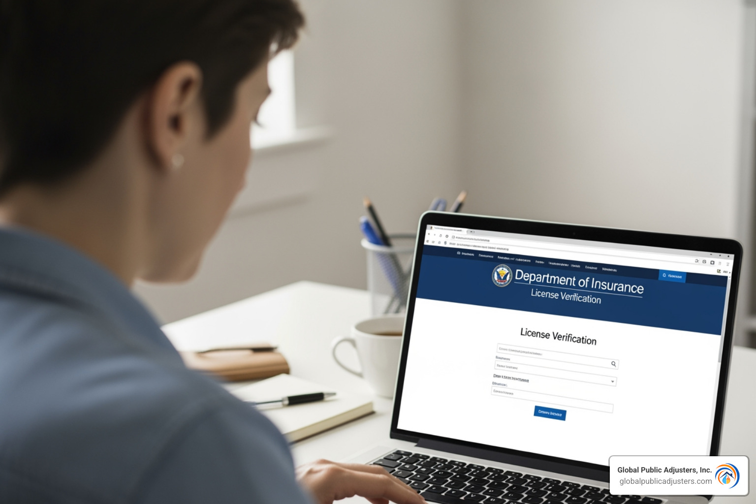 Person checking a license on a state's department of insurance website - Public adjuster fees
