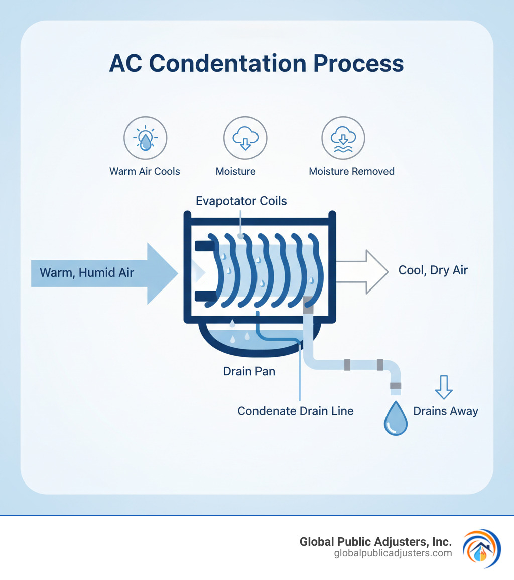 Infographic explaining the AC condensation process: how warm air cools, moisture is removed, and drains away - water leak in aircon infographic 