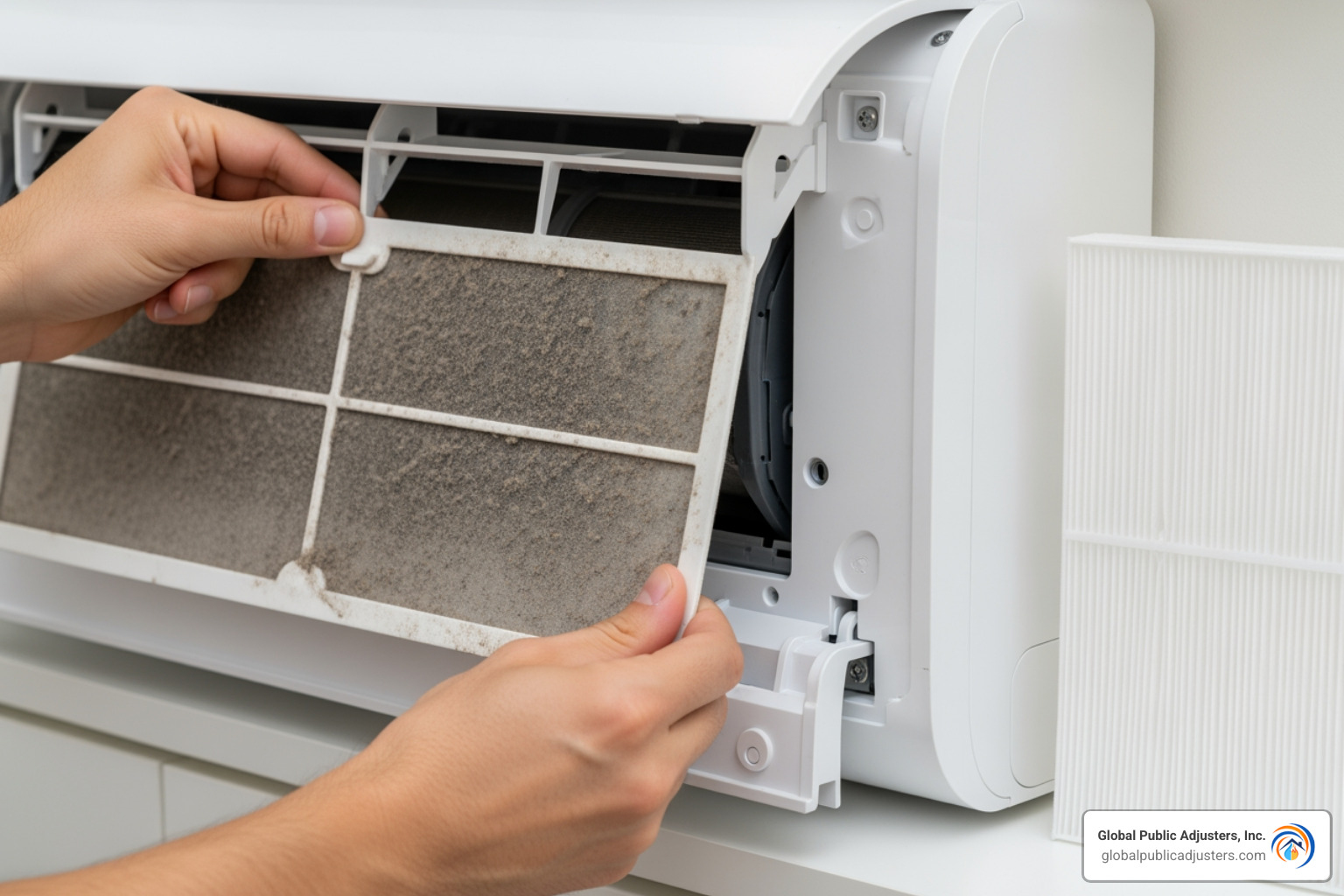 Person replacing a dirty air filter - water leak in aircon