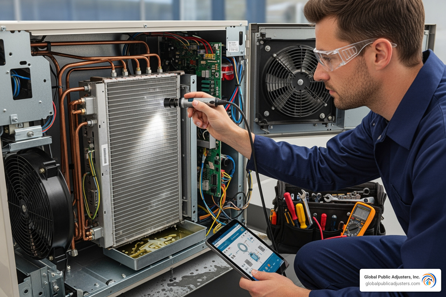 Technician inspecting an AC unit's internal components - water leak in aircon