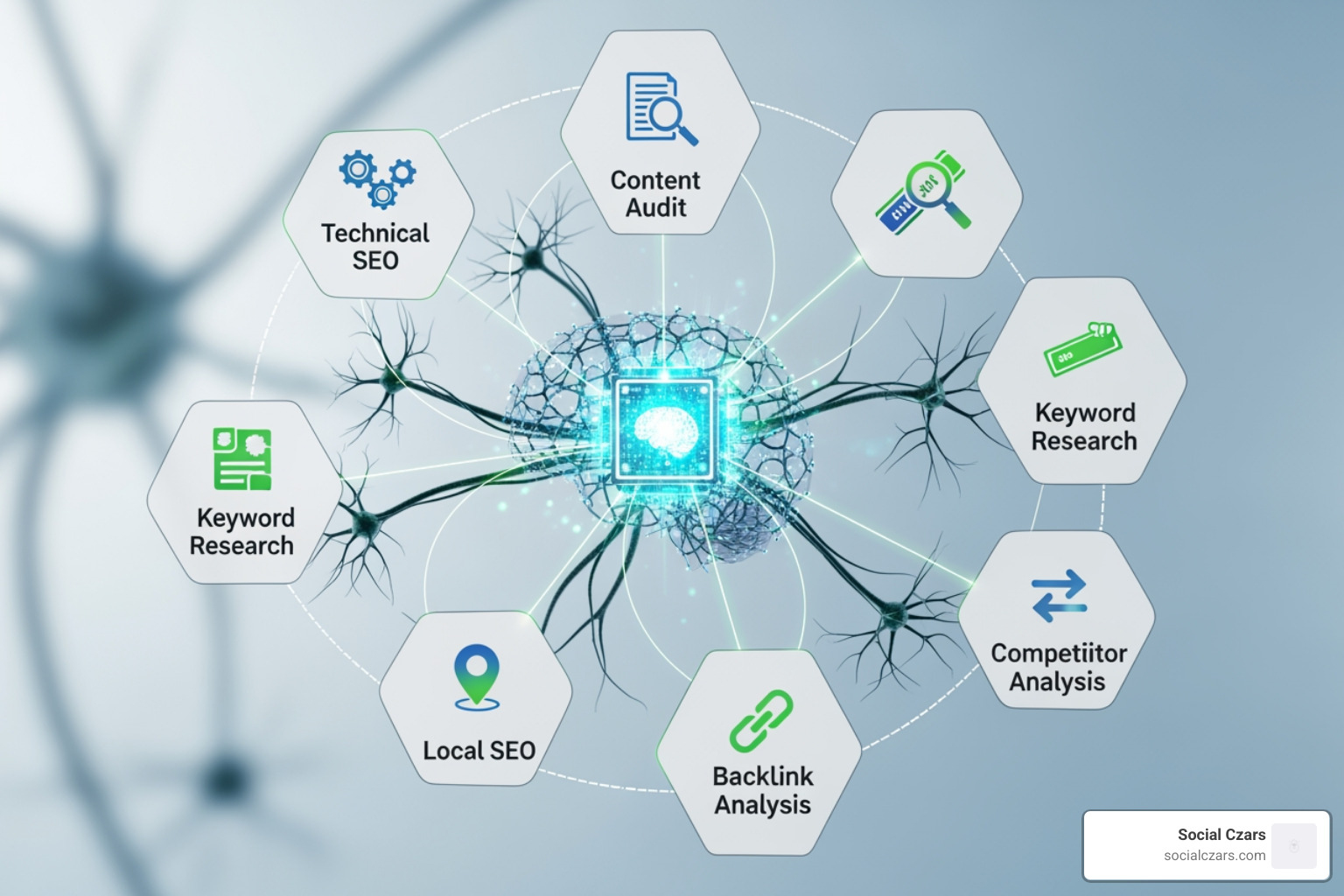 Diagram showing the core components of a comprehensive medical SEO audit - seo audit services for doctors