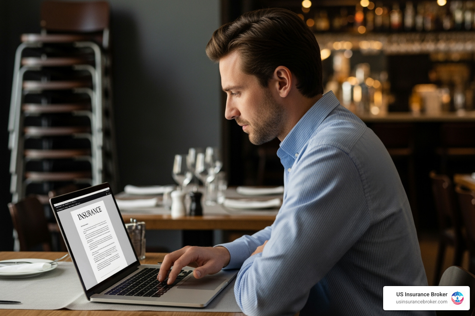 restaurant owner reviewing insurance documents on a laptop - compare restaurant insurance restaurant owner reviewing insurance documents on a laptop - compare restaurant insurance