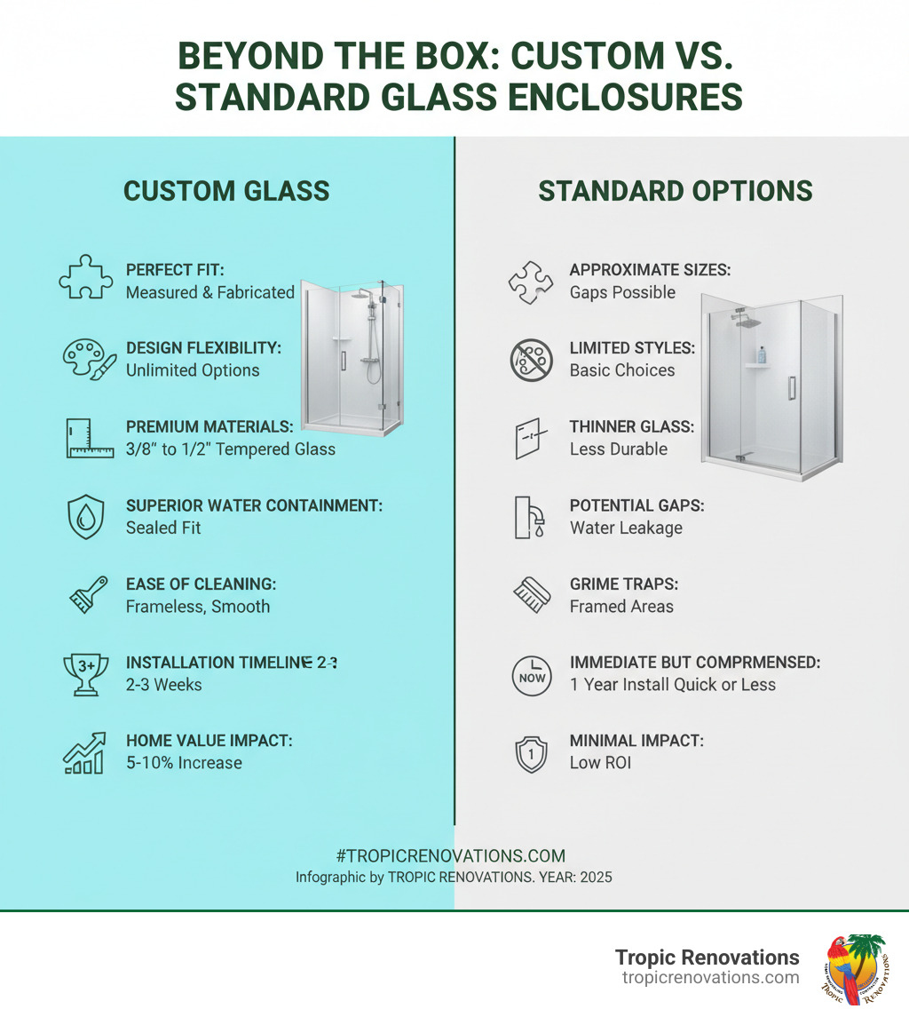 Infographic comparing custom glass enclosures versus standard options, showing side-by-side comparisons of fit quality (perfect custom fit vs approximate standard sizes), design flexibility (unlimited options vs limited styles), material quality (premium tempered glass 3/8 to 1/2 inch thick vs thinner standard glass), water containment (superior sealed fit vs potential gaps), ease of cleaning (frameless smooth surfaces vs framed areas that trap grime), installation timeline (2-3 weeks custom vs immediate but compromise fit), warranty coverage (3+ years vs 1 year or less), and home value impact (5-10 percent increase vs minimal impact) - Custom glass enclosures infographic 