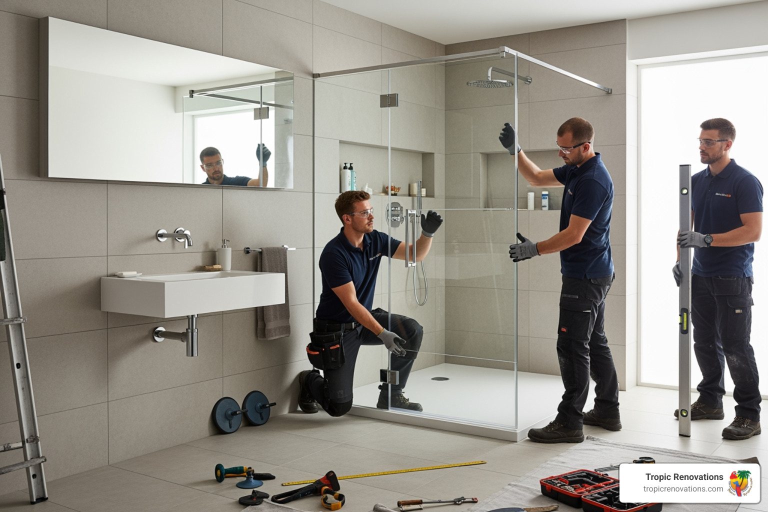 Tropic Renovations team working on bathroom - Custom glass enclosures