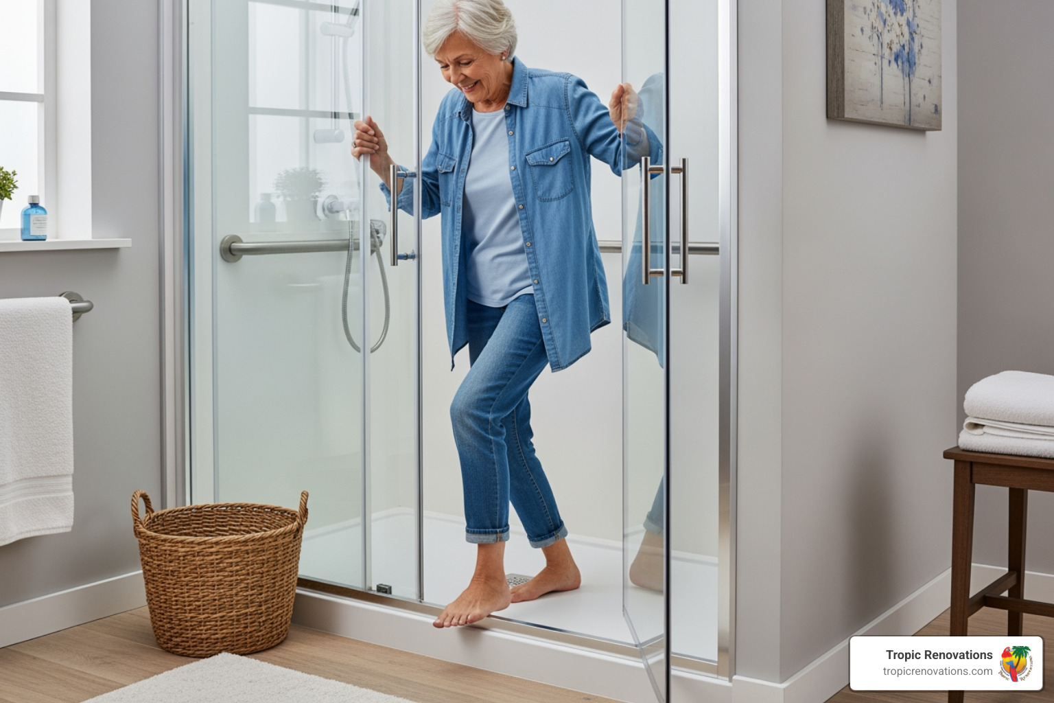 senior citizen safely and easily using a walk-in shower with a grab bar - bathtub to shower conversion companies